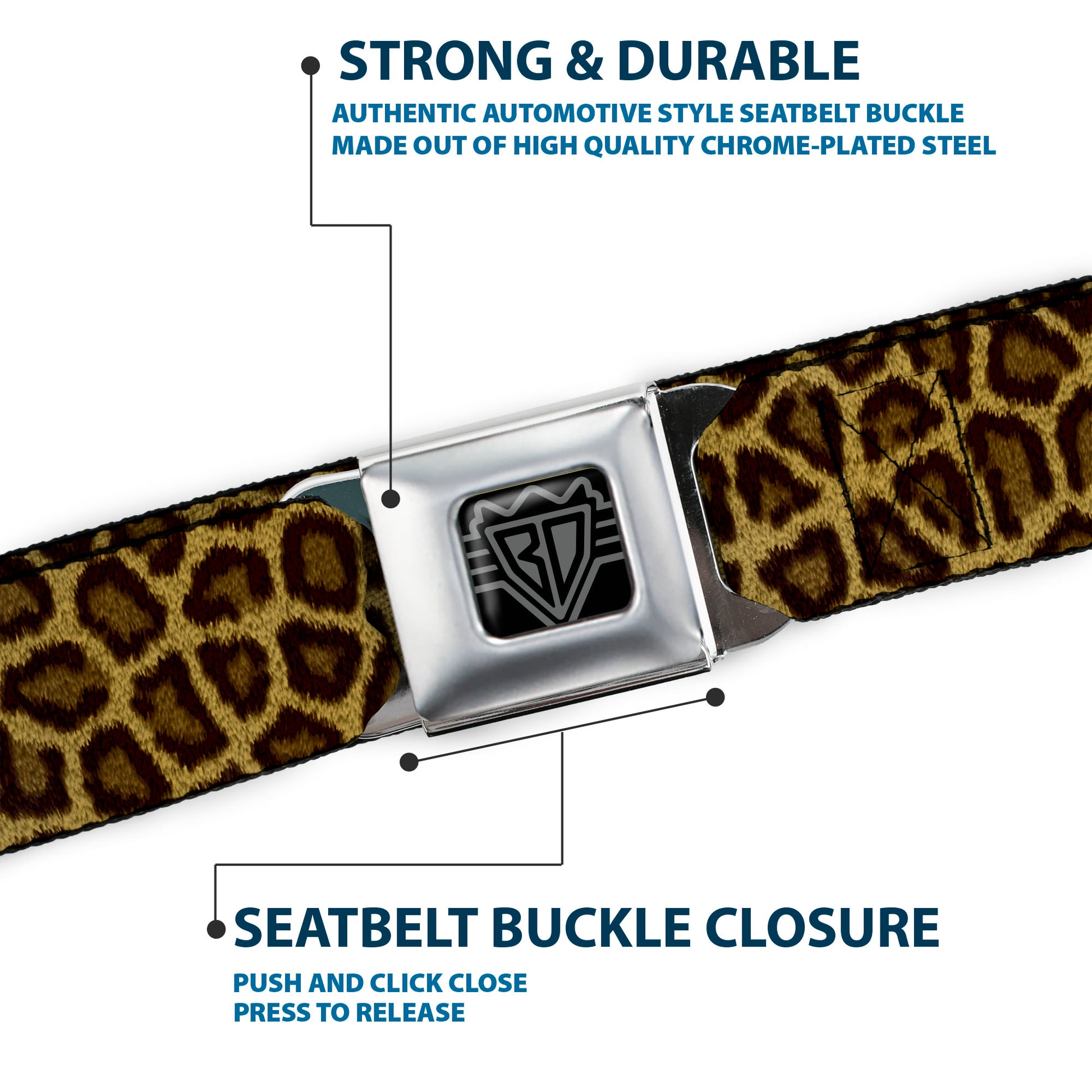 BD Wings Logo CLOSE-UP Full Color Black Silver Seatbelt Belt - Leopard Brown Webbing Seatbelt Belts Buckle-Down