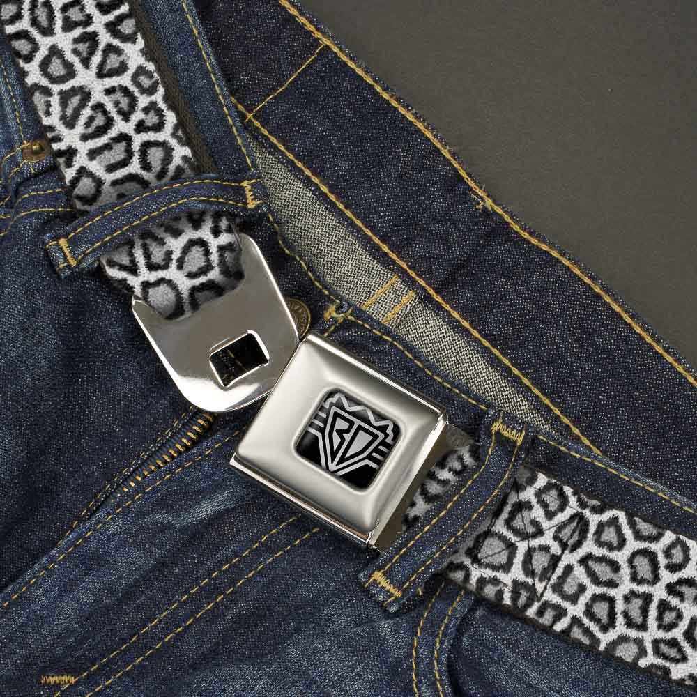 BD Wings Logo CLOSE-UP Full Color Black Silver Seatbelt Belt - Leopard White Webbing Seatbelt Belts Buckle-Down