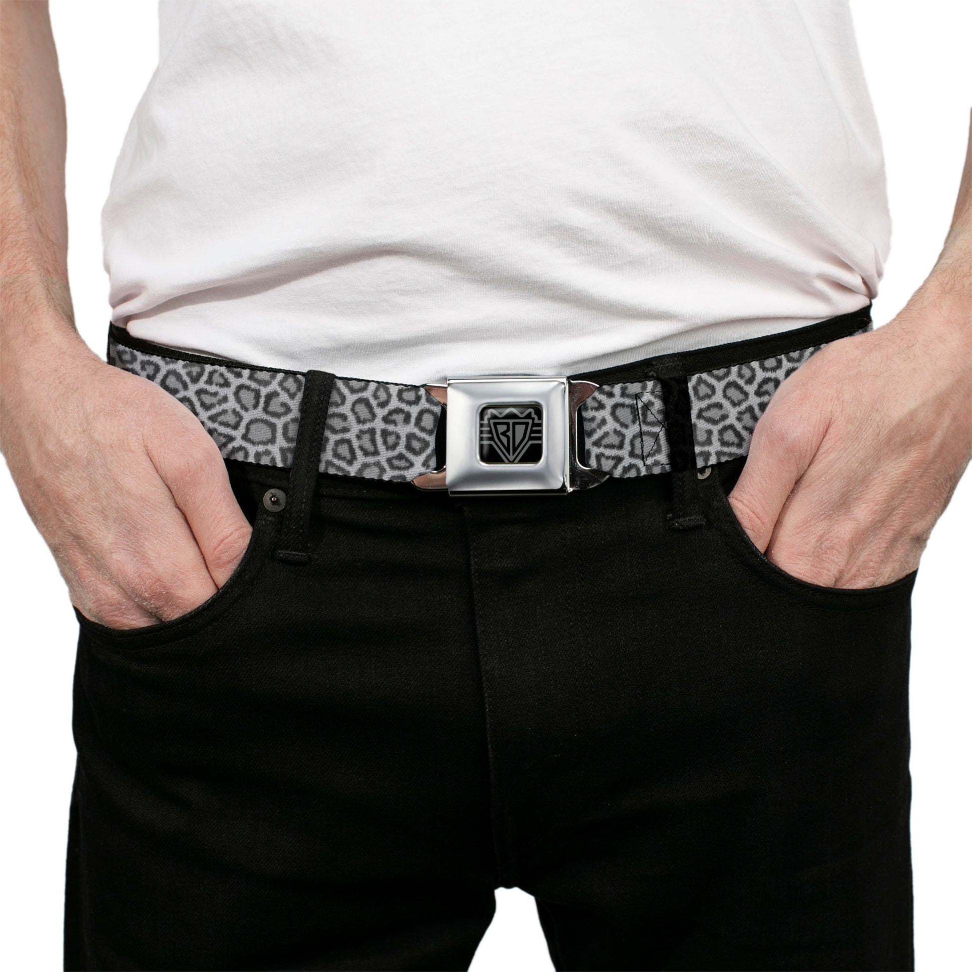 BD Wings Logo CLOSE-UP Full Color Black Silver Seatbelt Belt - Leopard White Webbing Seatbelt Belts Buckle-Down