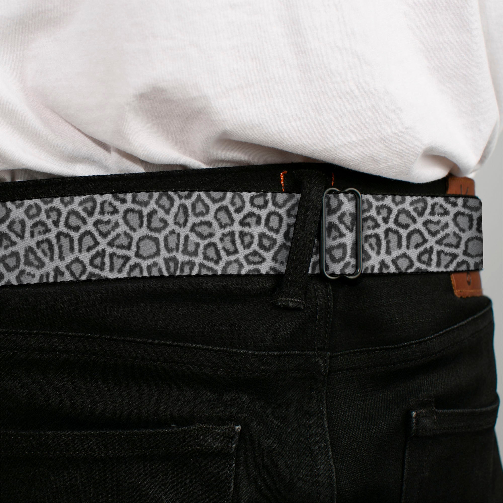 BD Wings Logo CLOSE-UP Full Color Black Silver Seatbelt Belt - Leopard White Webbing Seatbelt Belts Buckle-Down