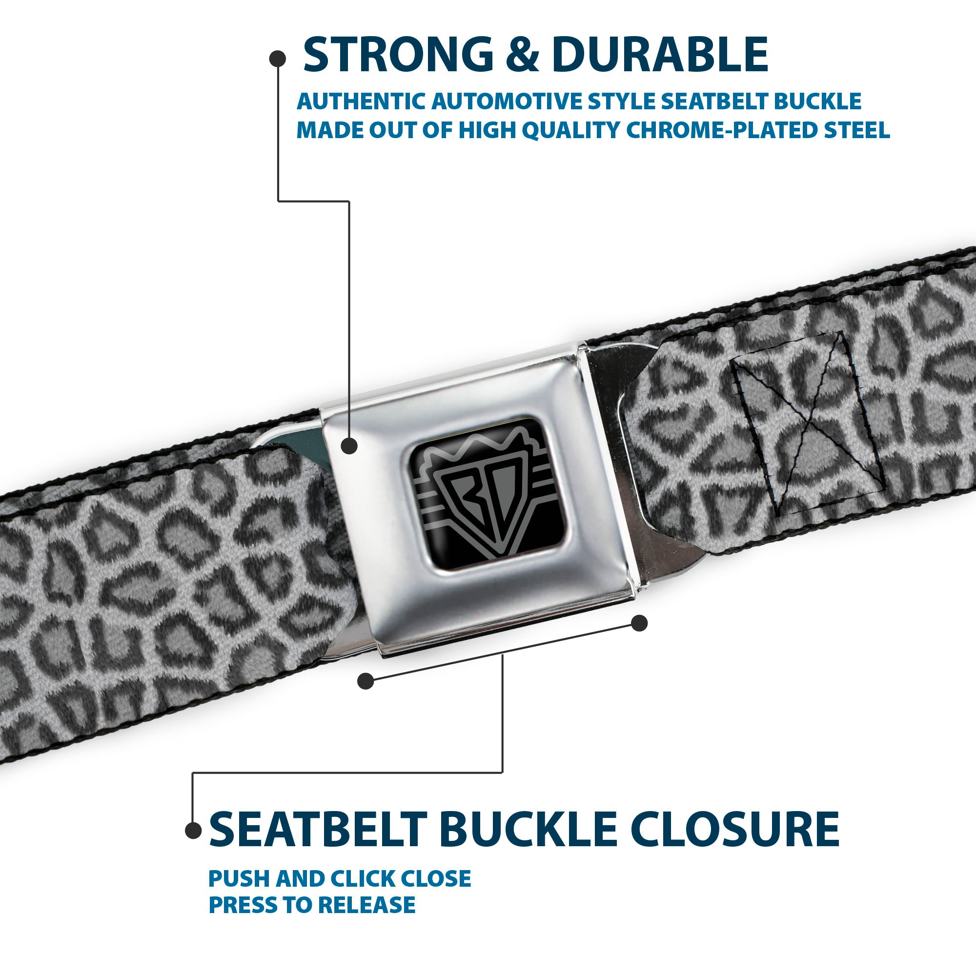 BD Wings Logo CLOSE-UP Full Color Black Silver Seatbelt Belt - Leopard White Webbing Seatbelt Belts Buckle-Down