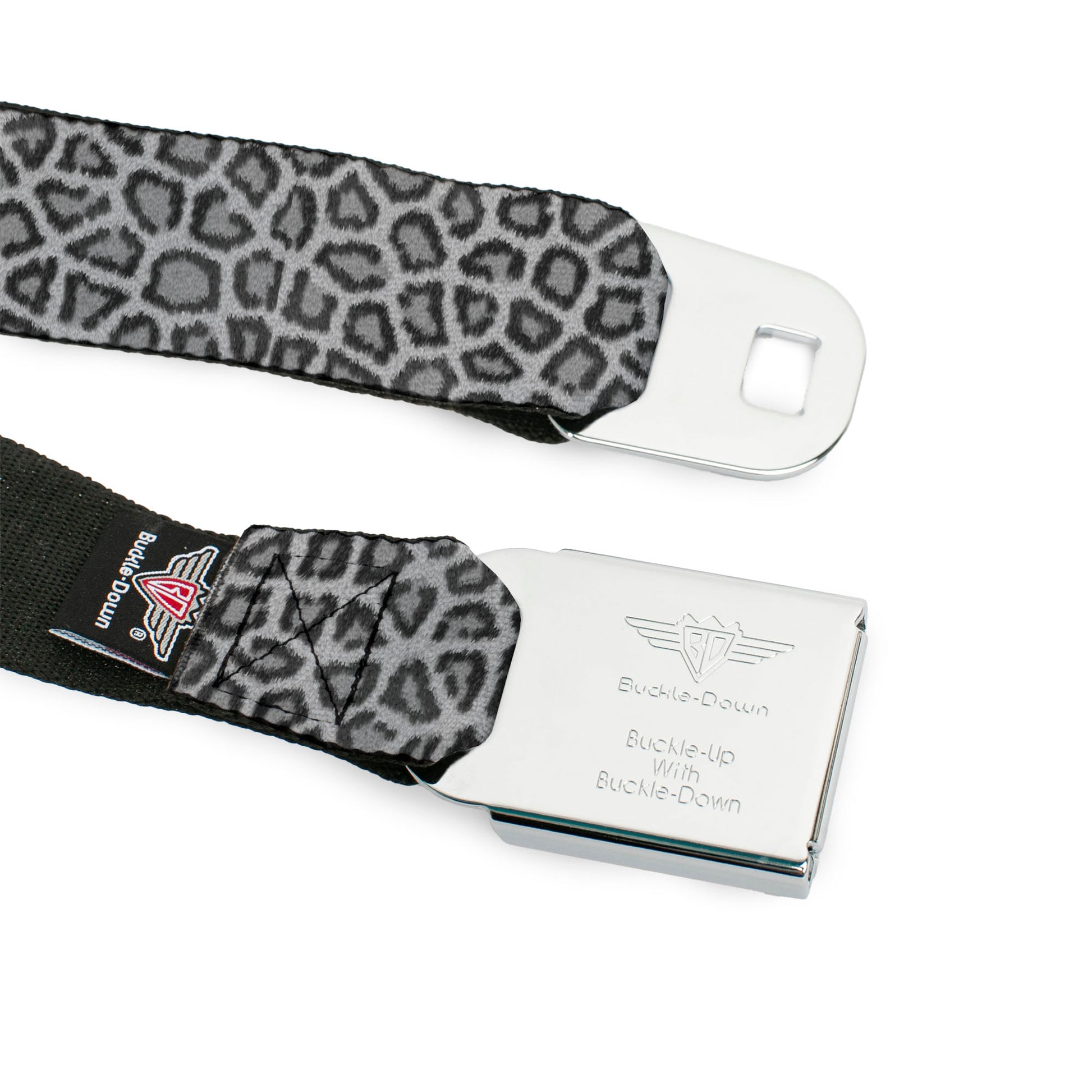 BD Wings Logo CLOSE-UP Full Color Black Silver Seatbelt Belt - Leopard White Webbing Seatbelt Belts Buckle-Down