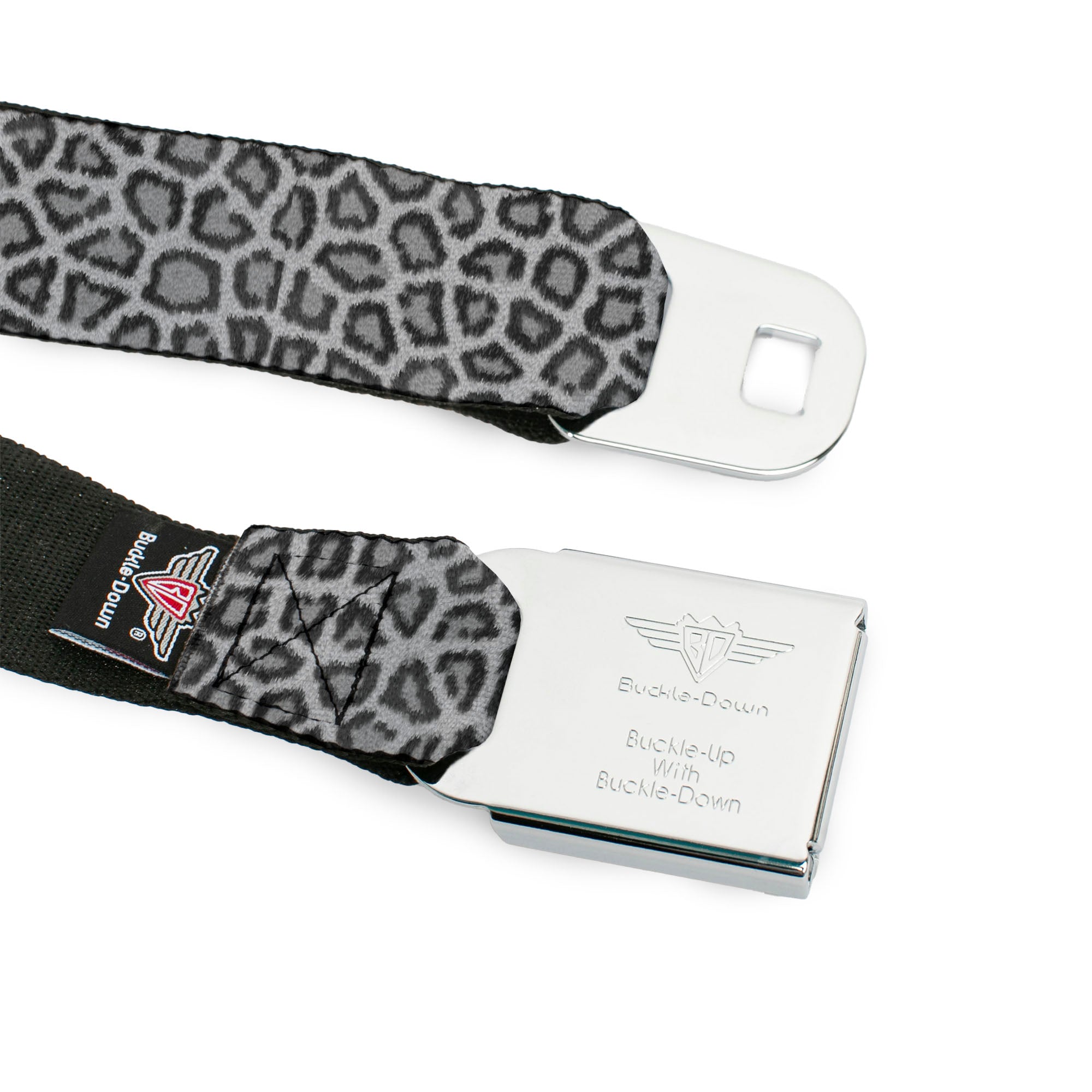 BD Wings Logo CLOSE-UP Full Color Black Silver Seatbelt Belt - Leopard White Webbing Seatbelt Belts Buckle-Down