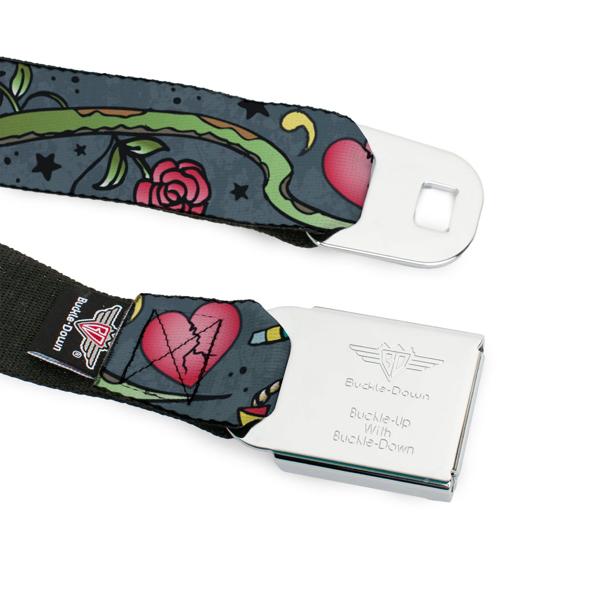 BD Wings Logo CLOSE-UP Full Color Black Silver Seatbelt Belt - Live Hard Die Young Gray Webbing Seatbelt Belts Buckle-Down