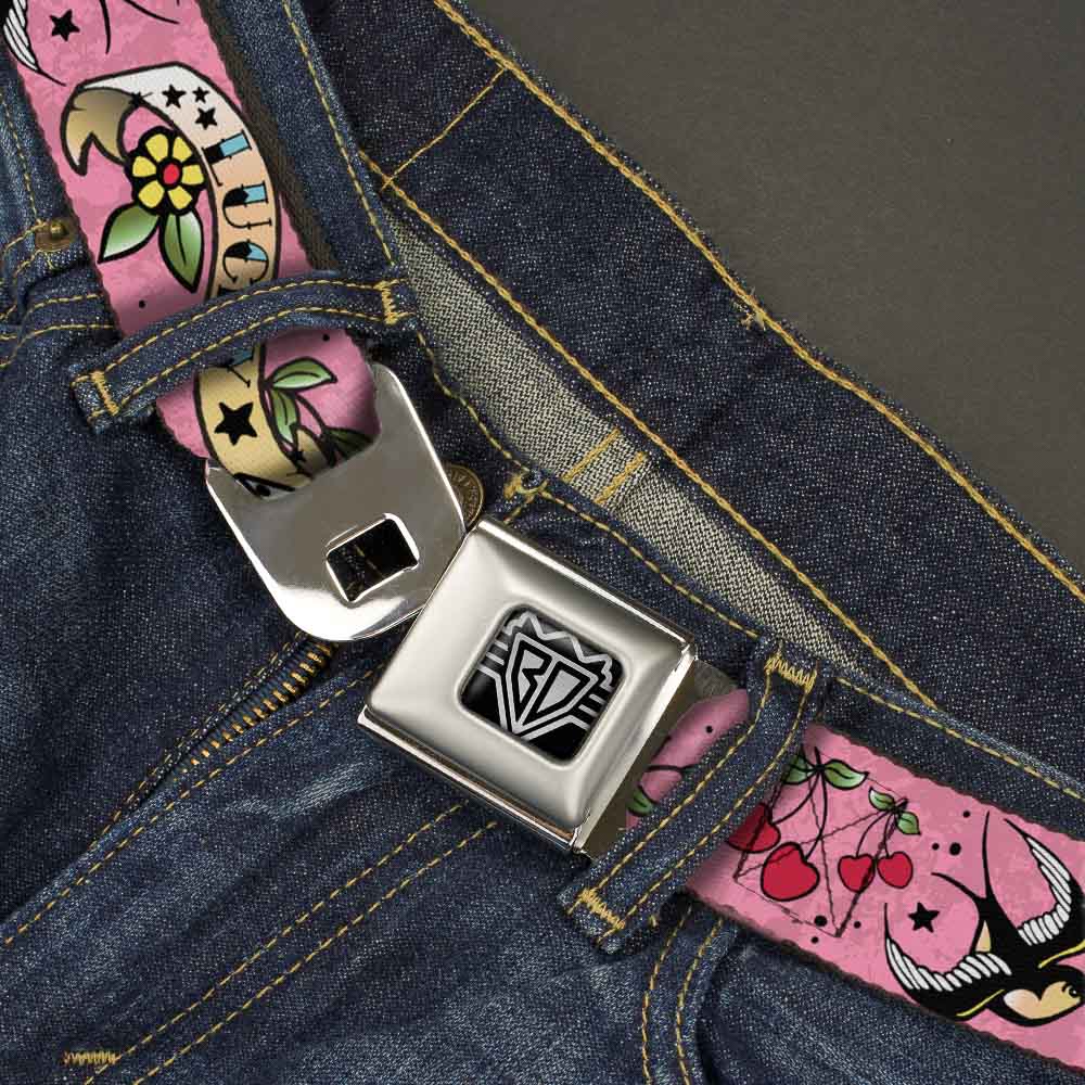 BD Wings Logo CLOSE-UP Full Color Black Silver Seatbelt Belt - Lucky Pink Webbing Seatbelt Belts Buckle-Down