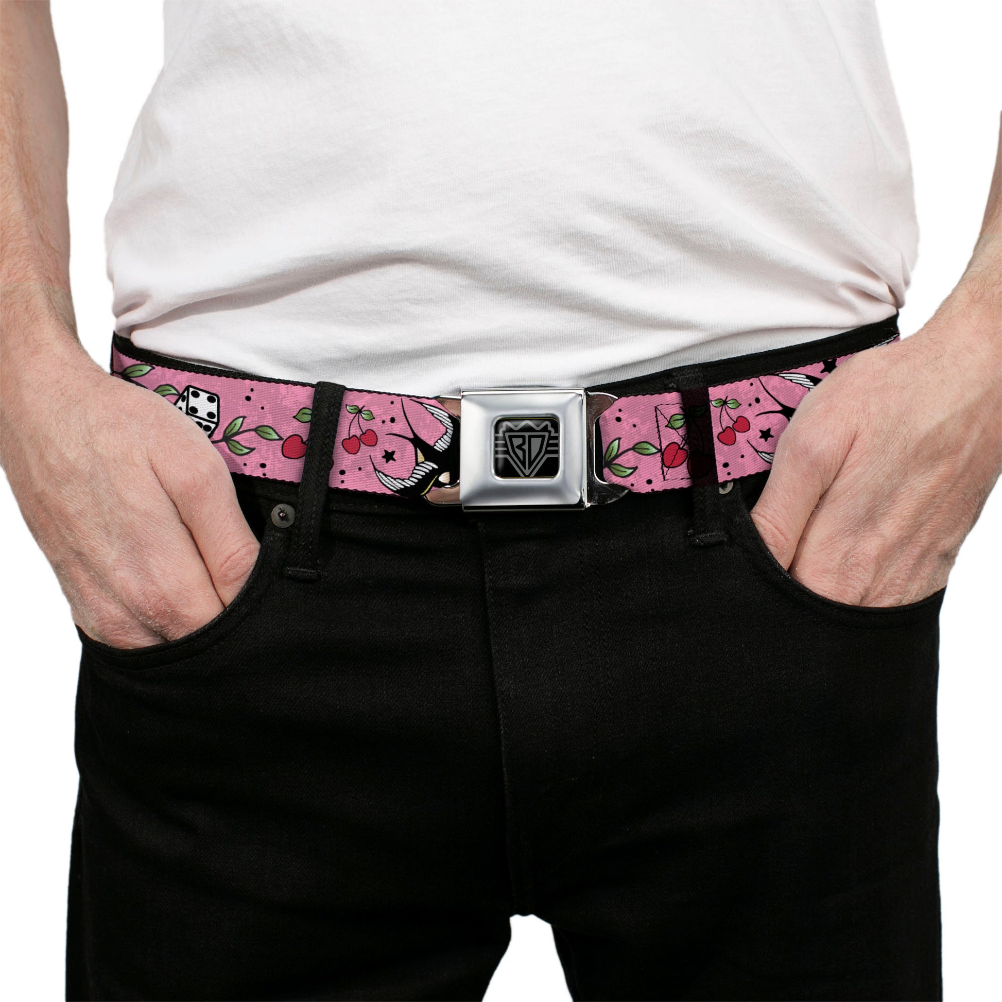 BD Wings Logo CLOSE-UP Full Color Black Silver Seatbelt Belt - Lucky Pink Webbing Seatbelt Belts Buckle-Down