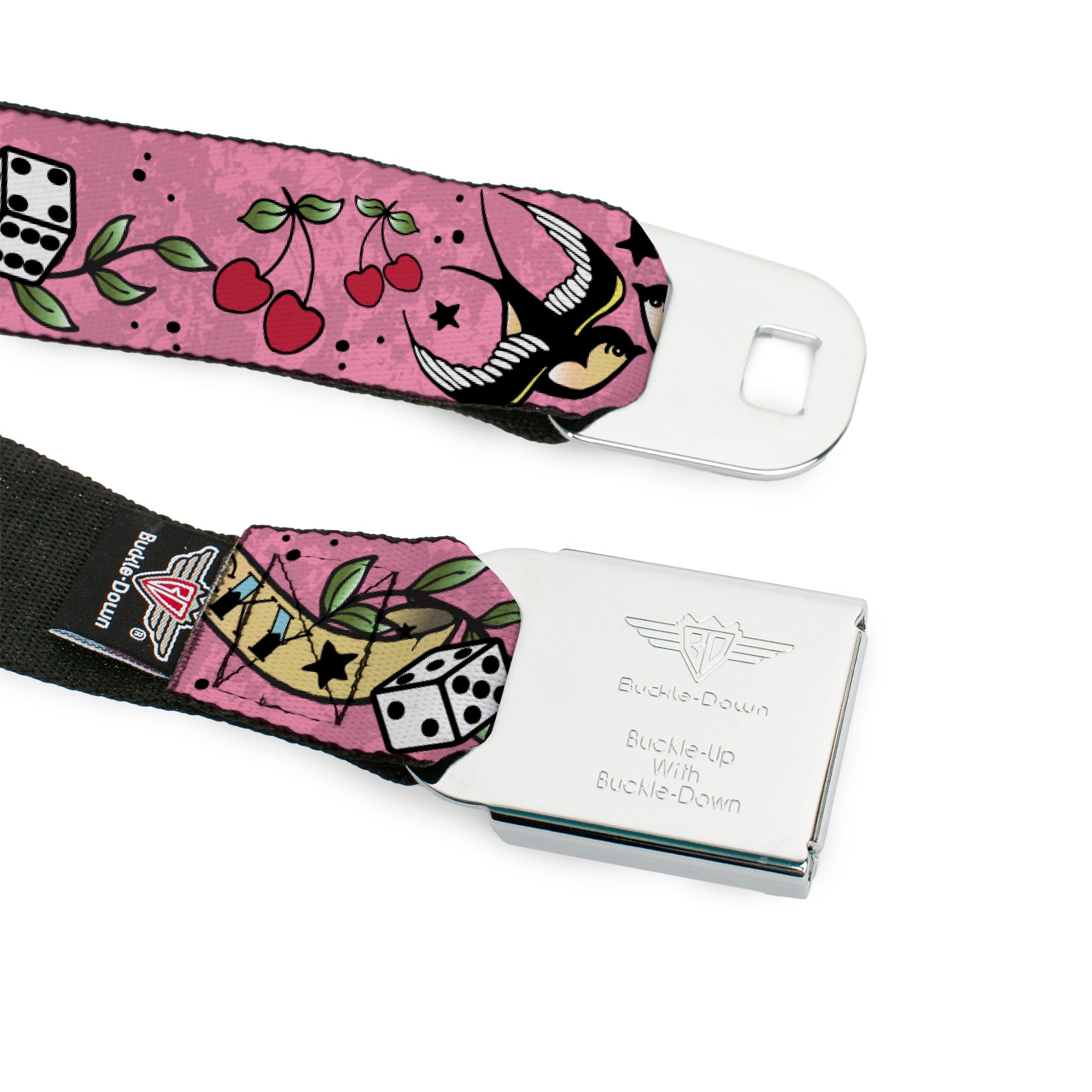 BD Wings Logo CLOSE-UP Full Color Black Silver Seatbelt Belt - Lucky Pink Webbing Seatbelt Belts Buckle-Down