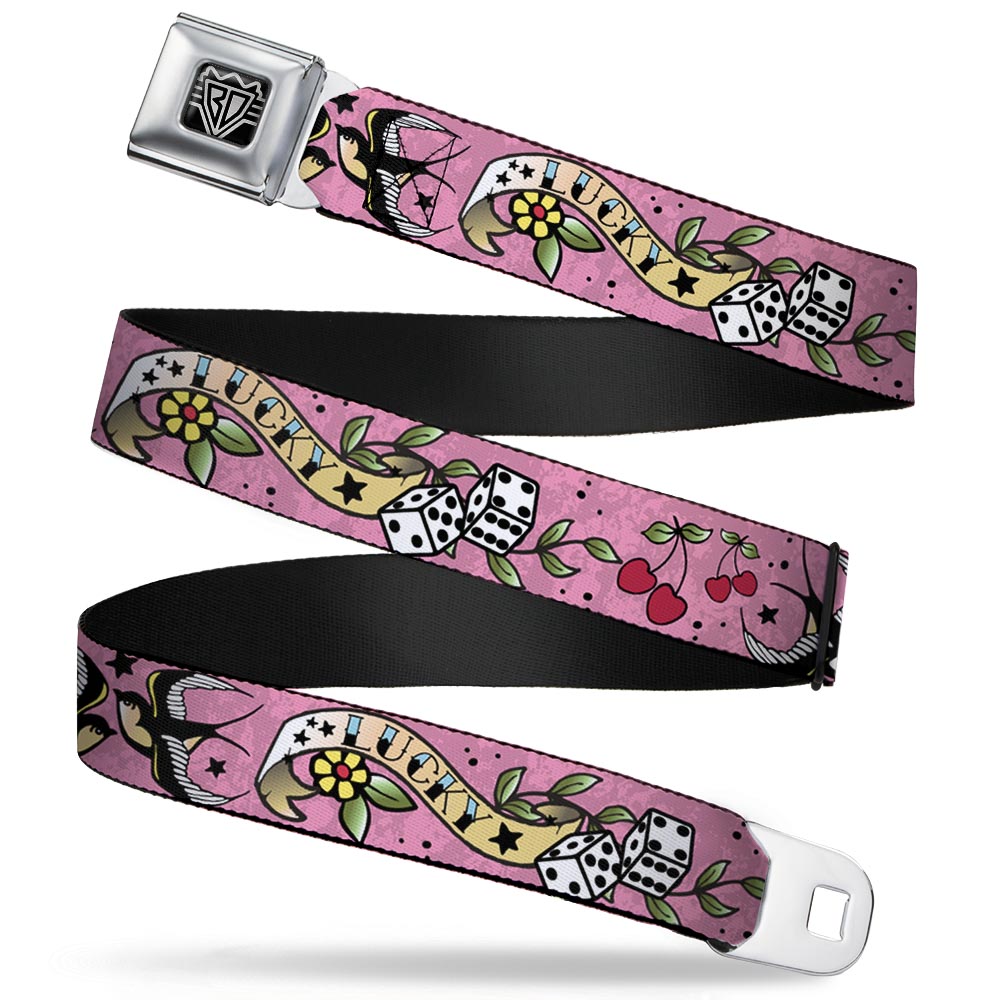 BD Wings Logo CLOSE-UP Full Color Black Silver Seatbelt Belt - Lucky Pink Webbing Seatbelt Belts Buckle-Down