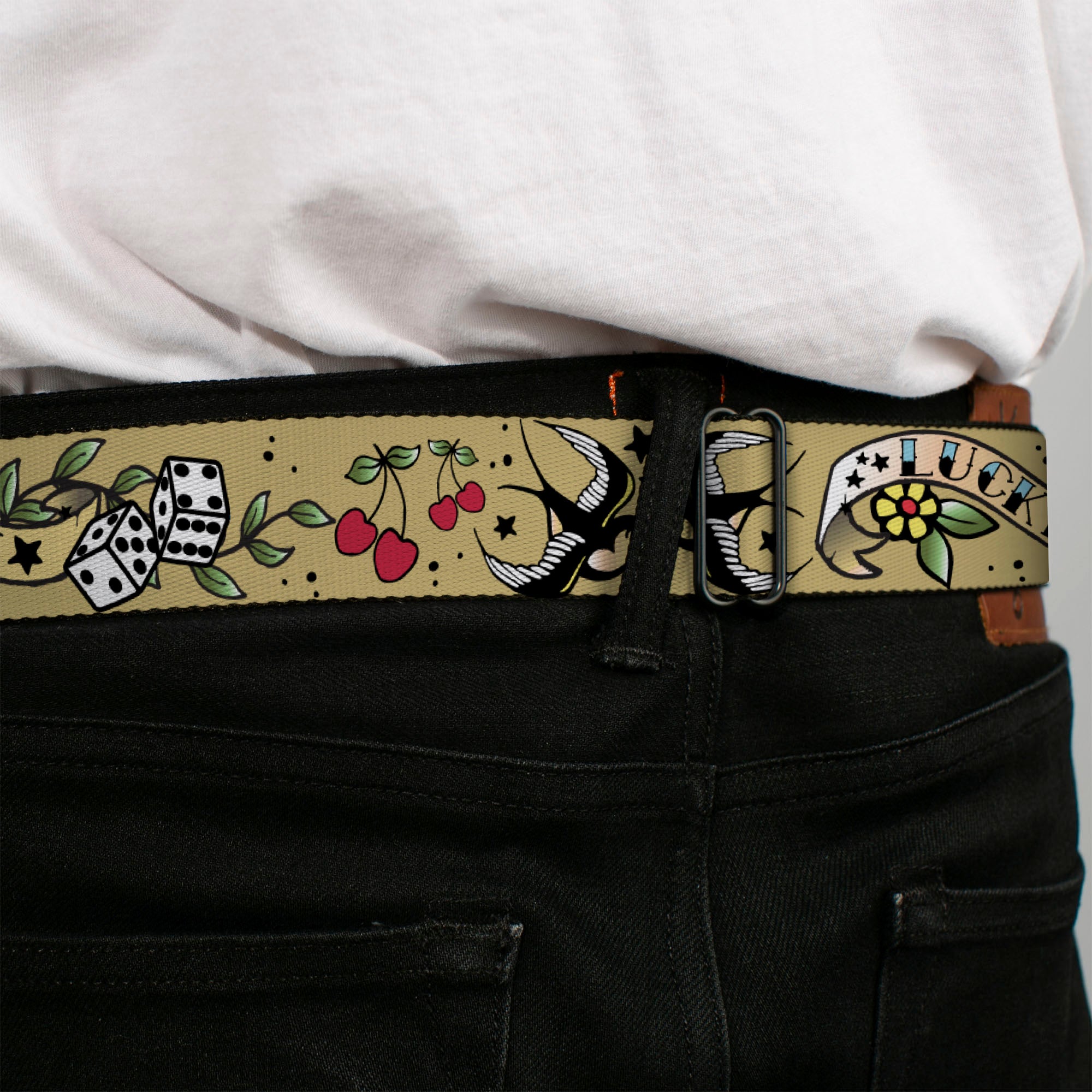 BD Wings Logo CLOSE-UP Full Color Black Silver Seatbelt Belt - Lucky Tan Webbing Seatbelt Belts Buckle-Down