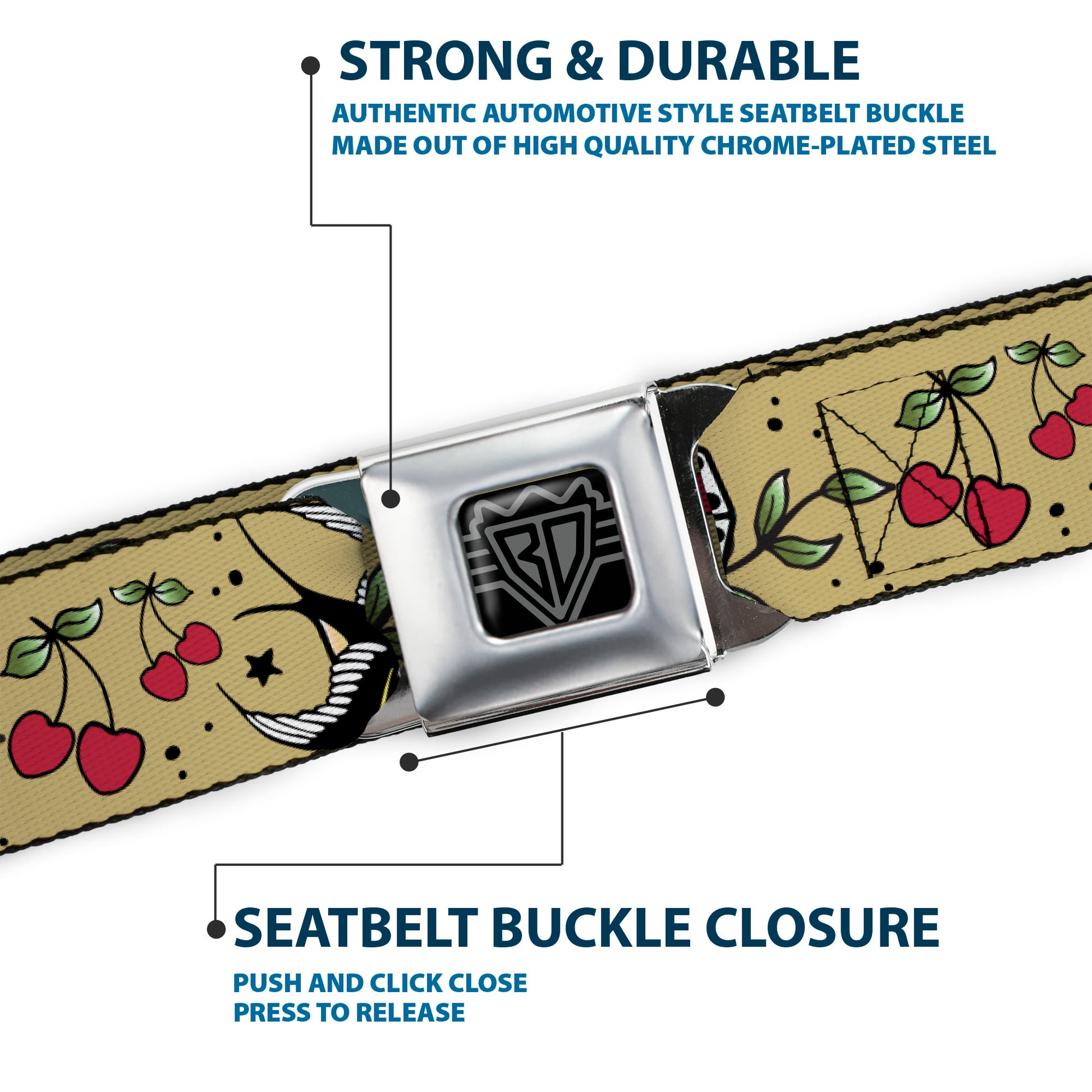 BD Wings Logo CLOSE-UP Full Color Black Silver Seatbelt Belt - Lucky Tan Webbing Seatbelt Belts Buckle-Down