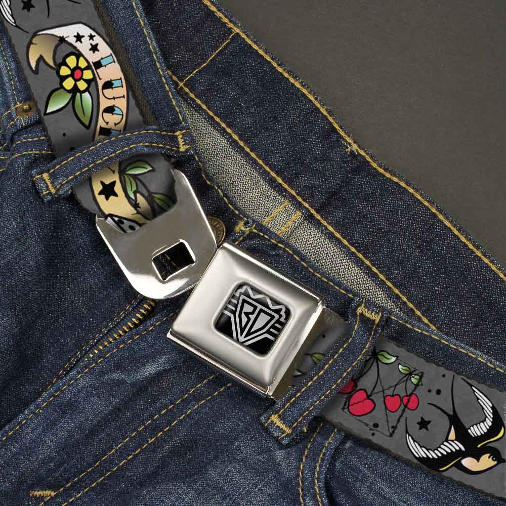 BD Wings Logo CLOSE-UP Full Color Black Silver Seatbelt Belt - Lucky Gray Webbing Seatbelt Belts Buckle-Down