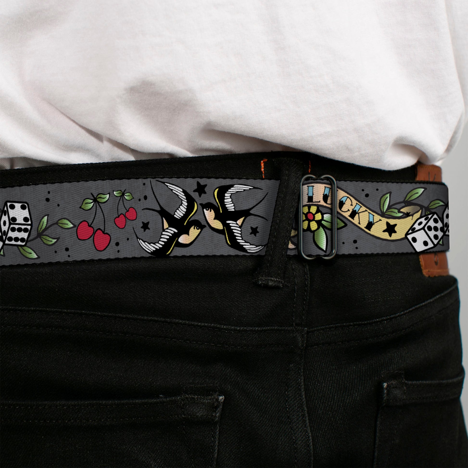 BD Wings Logo CLOSE-UP Full Color Black Silver Seatbelt Belt - Lucky Gray Webbing Seatbelt Belts Buckle-Down