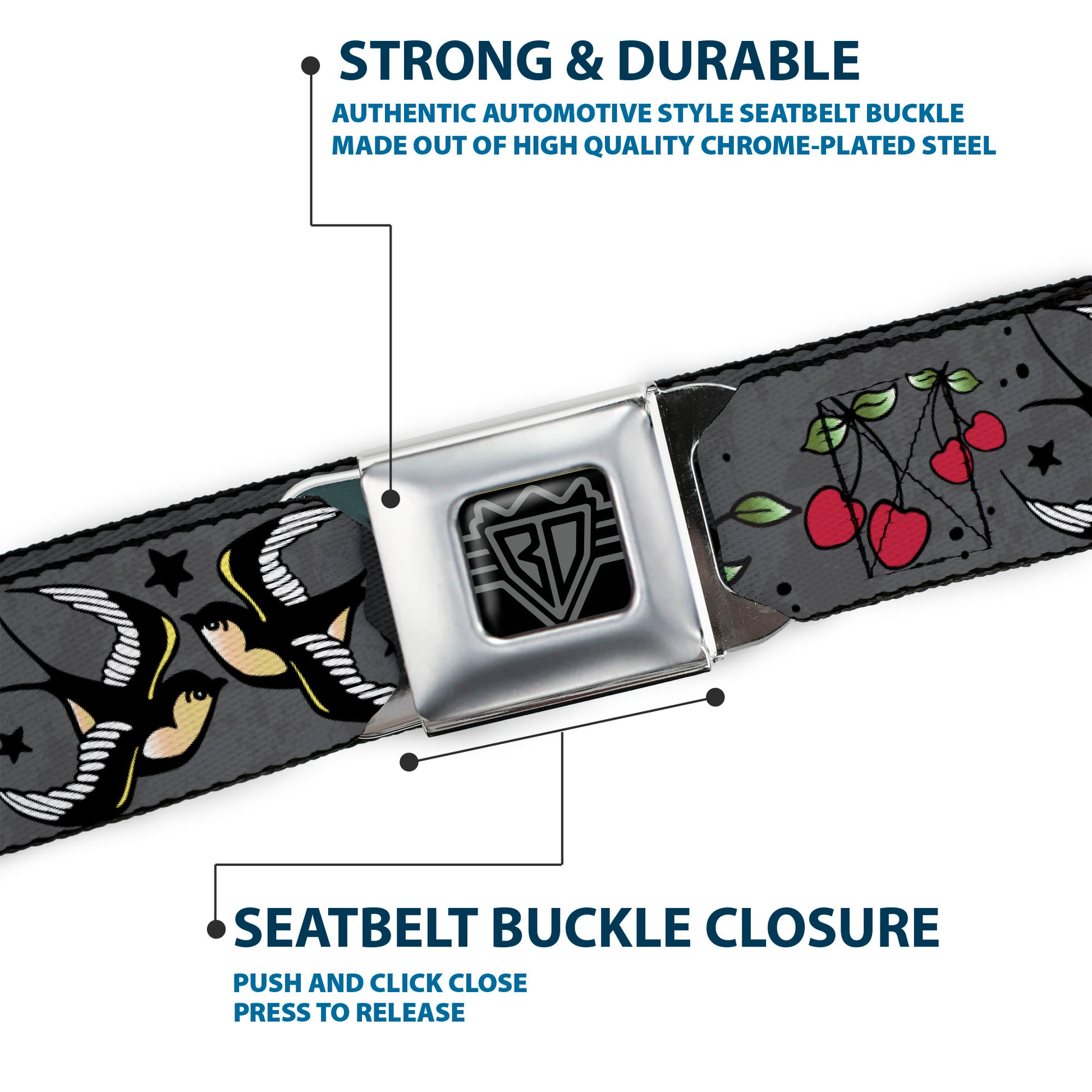 BD Wings Logo CLOSE-UP Full Color Black Silver Seatbelt Belt - Lucky Gray Webbing Seatbelt Belts Buckle-Down