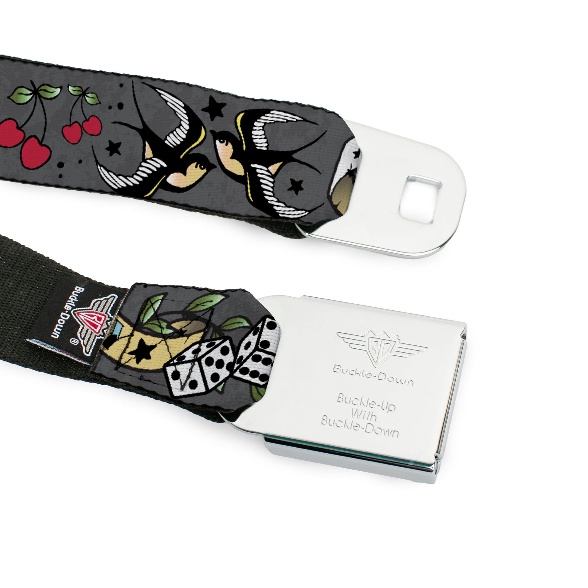 BD Wings Logo CLOSE-UP Full Color Black Silver Seatbelt Belt - Lucky Gray Webbing Seatbelt Belts Buckle-Down