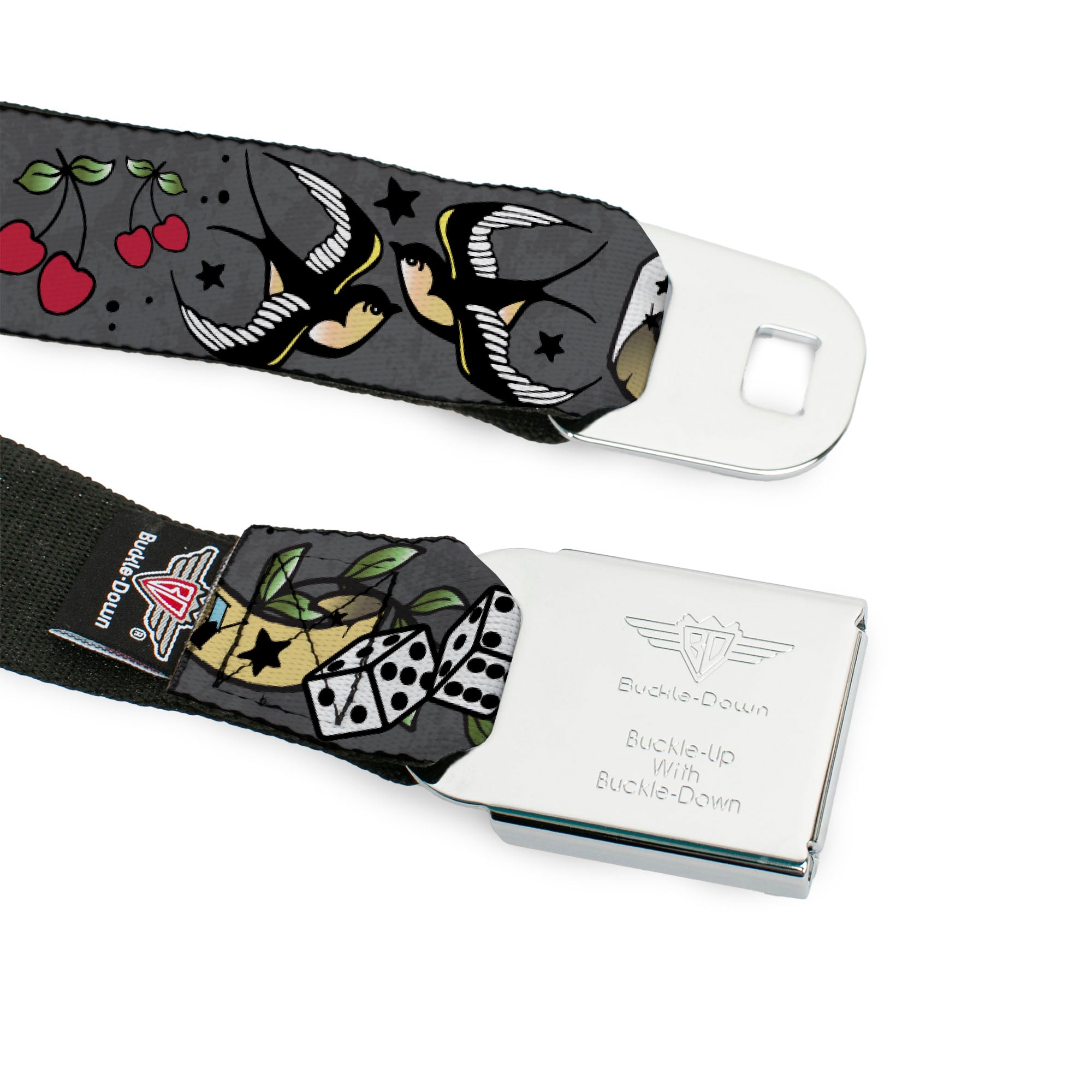 BD Wings Logo CLOSE-UP Full Color Black Silver Seatbelt Belt - Lucky Gray Webbing Seatbelt Belts Buckle-Down