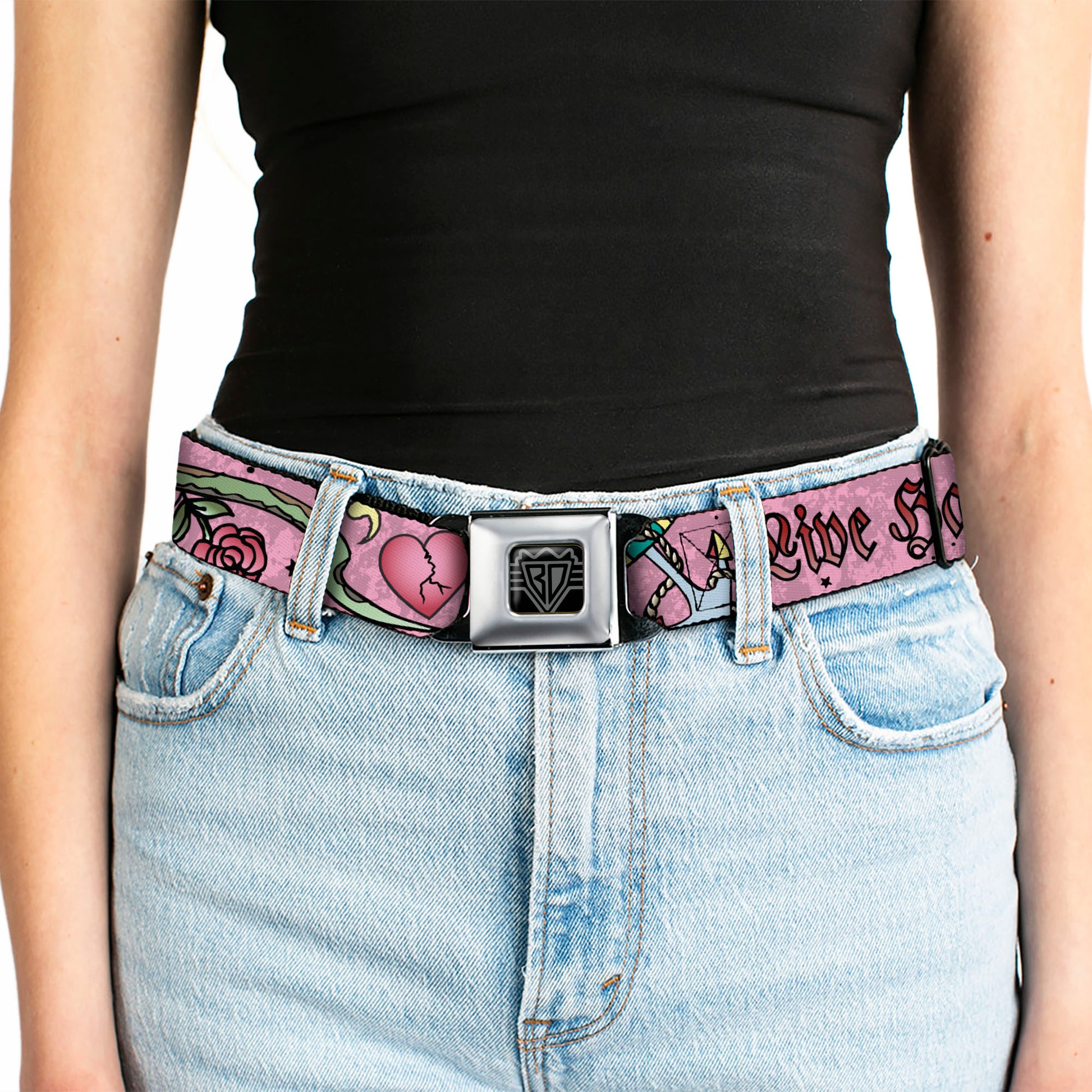 BD Wings Logo CLOSE-UP Full Color Black Silver Seatbelt Belt - Live Hard Die Young Pink Webbing Seatbelt Belts Buckle-Down