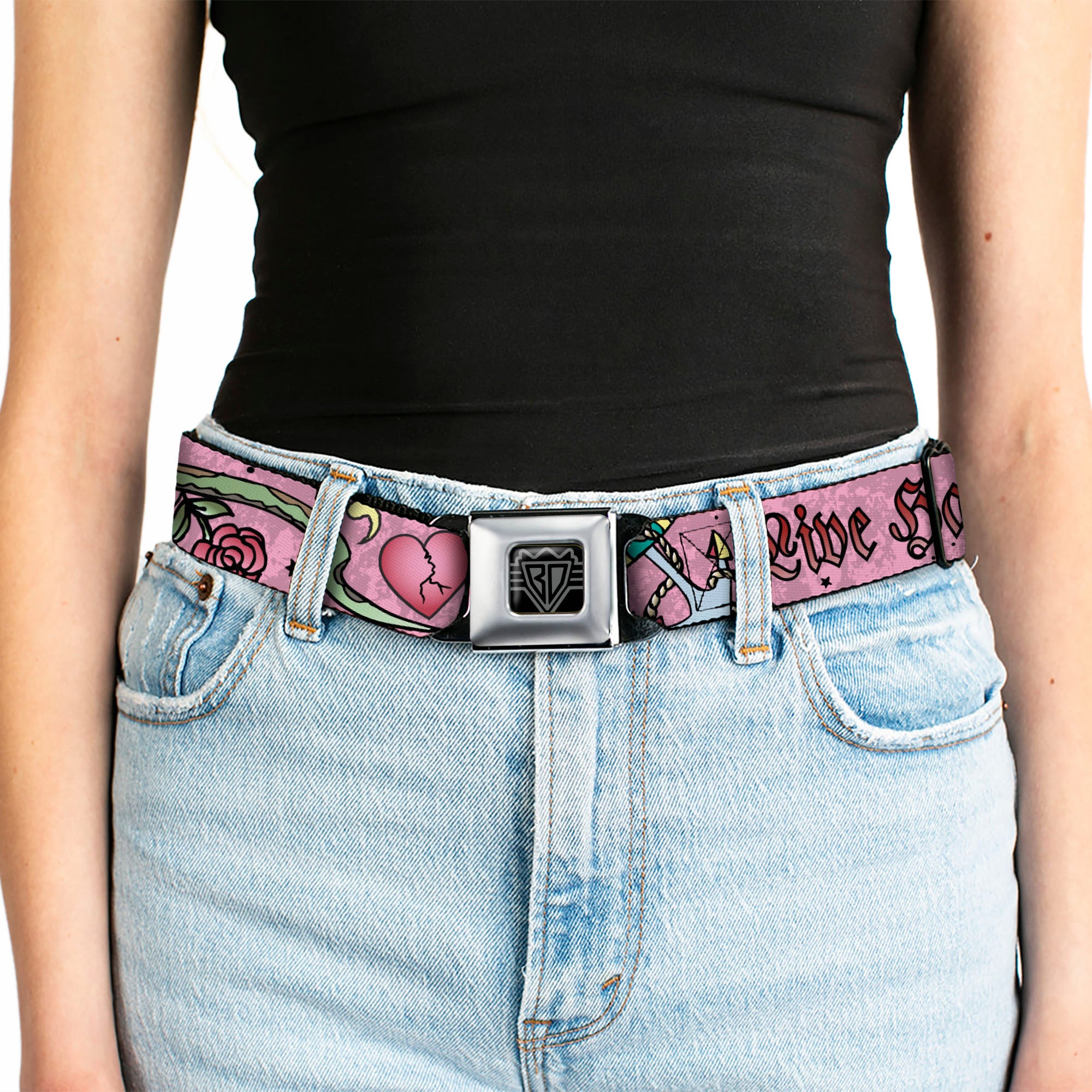 BD Wings Logo CLOSE-UP Full Color Black Silver Seatbelt Belt - Live Hard Die Young Pink Webbing Seatbelt Belts Buckle-Down