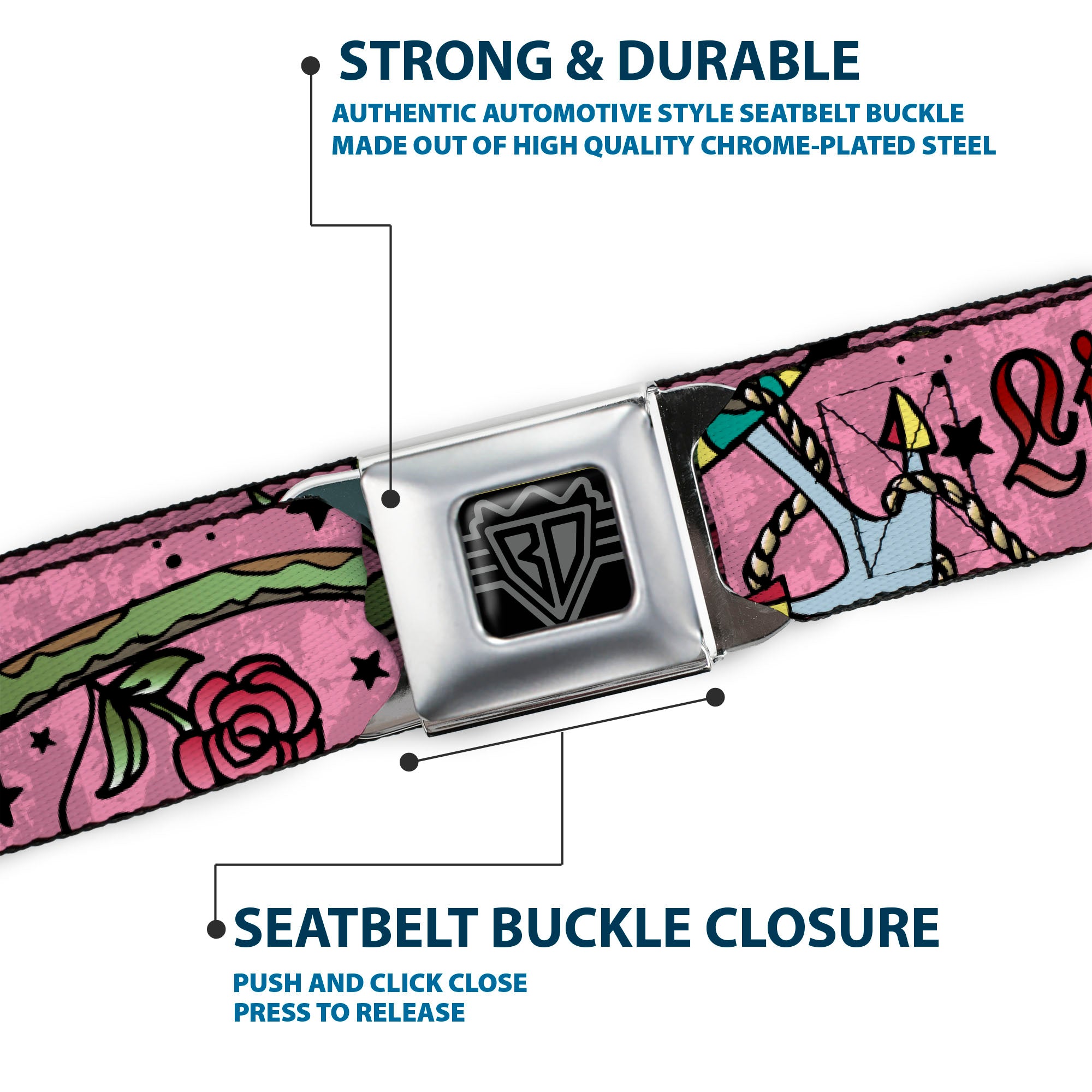 BD Wings Logo CLOSE-UP Full Color Black Silver Seatbelt Belt - Live Hard Die Young Pink Webbing Seatbelt Belts Buckle-Down