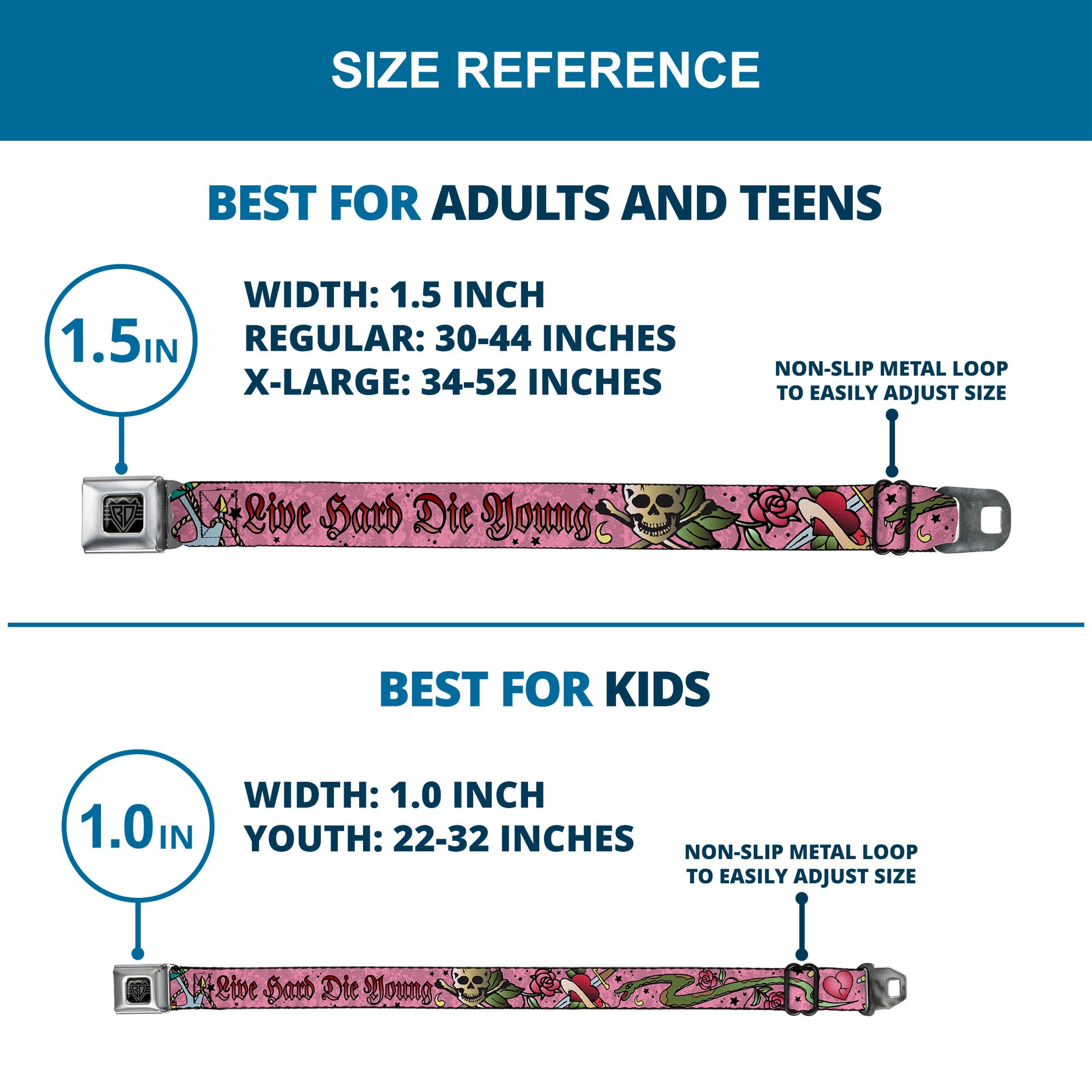BD Wings Logo CLOSE-UP Full Color Black Silver Seatbelt Belt - Live Hard Die Young Pink Webbing Seatbelt Belts Buckle-Down