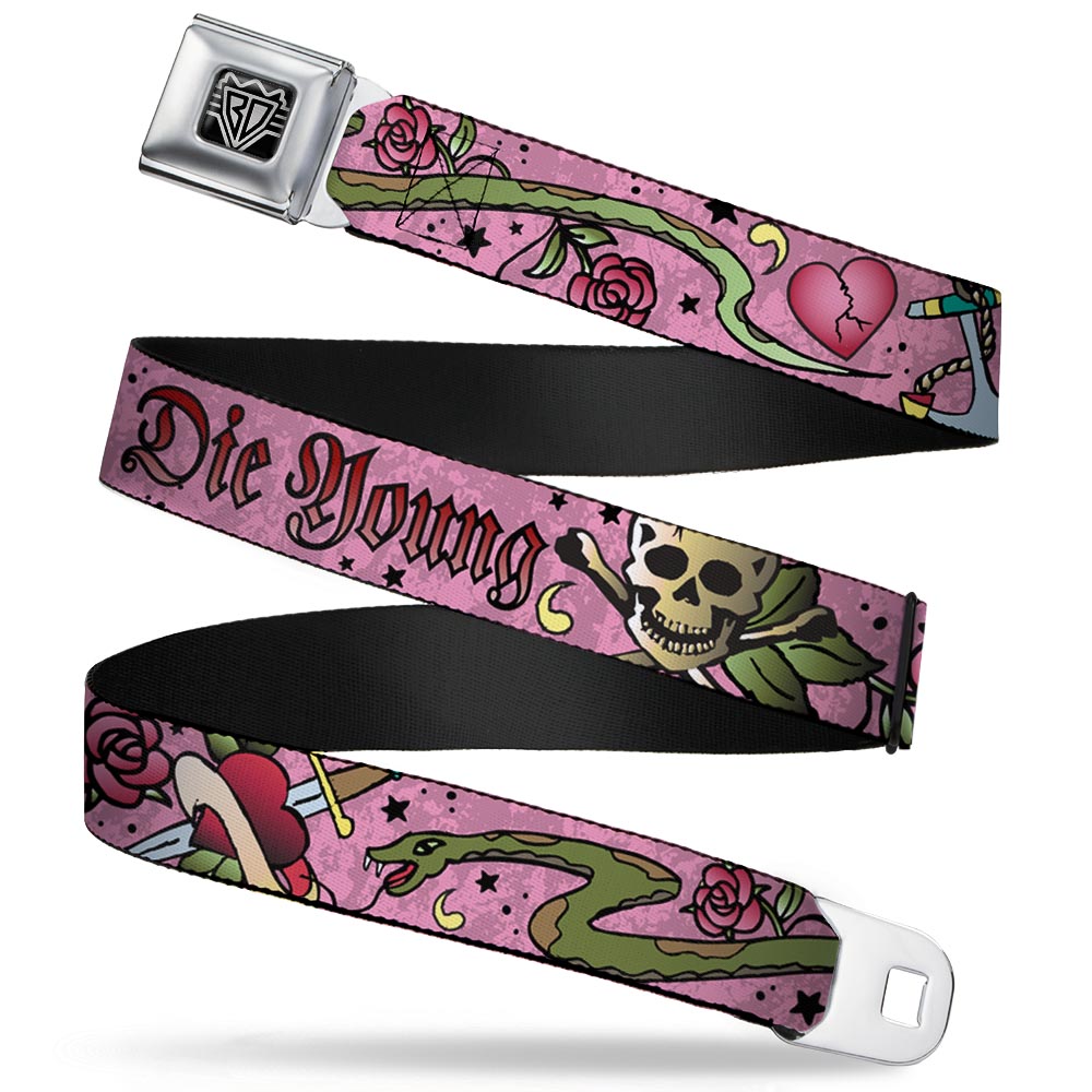 BD Wings Logo CLOSE-UP Full Color Black Silver Seatbelt Belt - Live Hard Die Young Pink Webbing Seatbelt Belts Buckle-Down