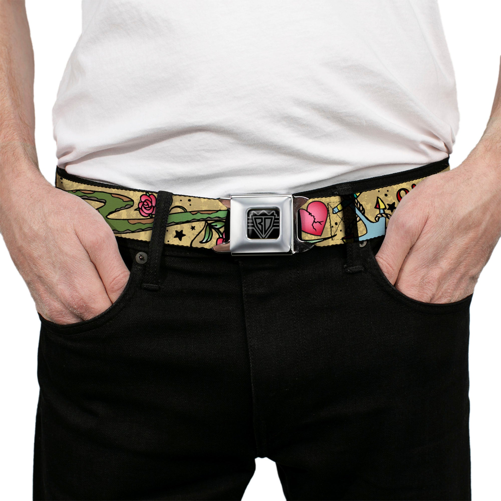 BD Wings Logo CLOSE-UP Full Color Black Silver Seatbelt Belt - Live Hard Die Young Tan Webbing Seatbelt Belts Buckle-Down