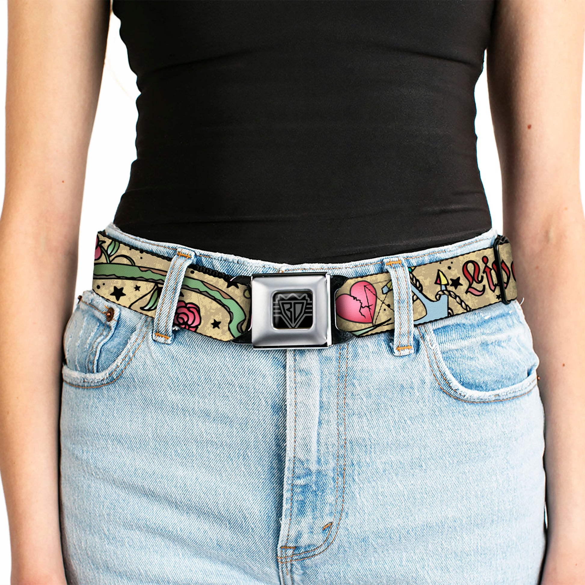 BD Wings Logo CLOSE-UP Full Color Black Silver Seatbelt Belt - Live Hard Die Young Tan Webbing Seatbelt Belts Buckle-Down