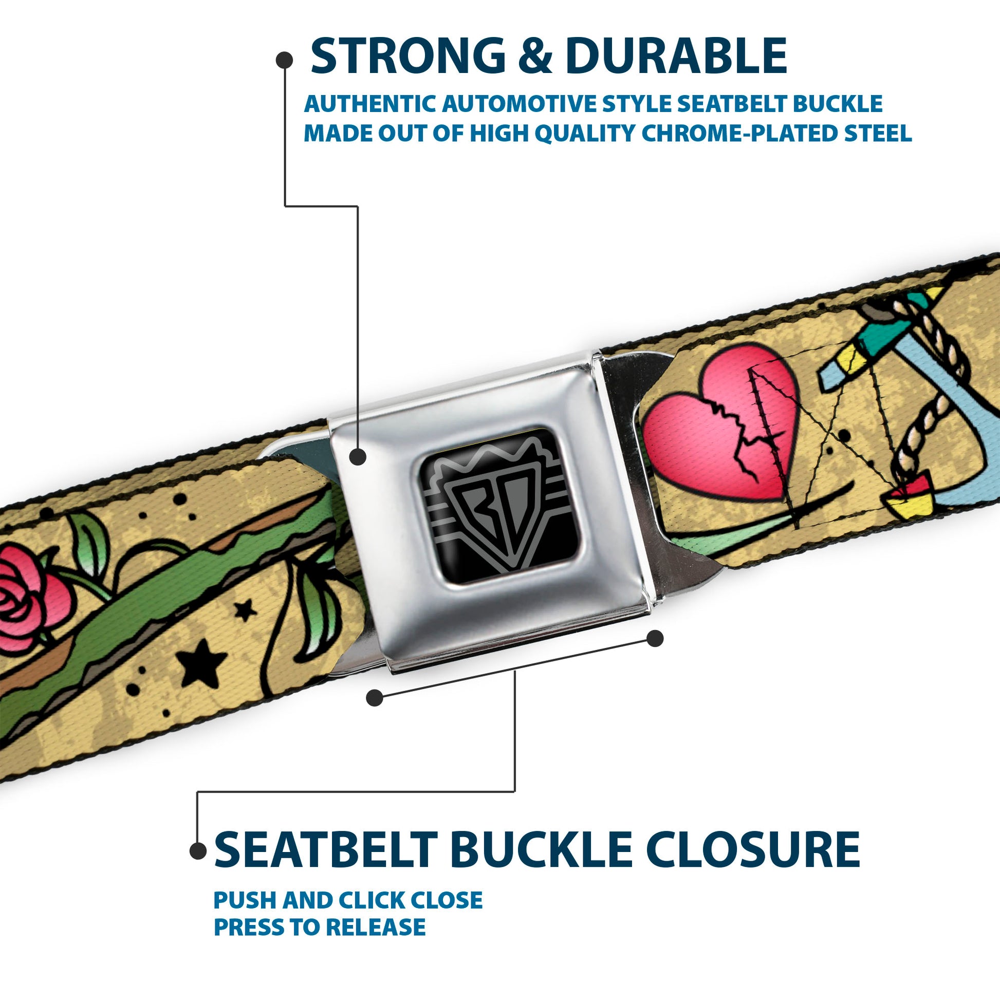 BD Wings Logo CLOSE-UP Full Color Black Silver Seatbelt Belt - Live Hard Die Young Tan Webbing Seatbelt Belts Buckle-Down