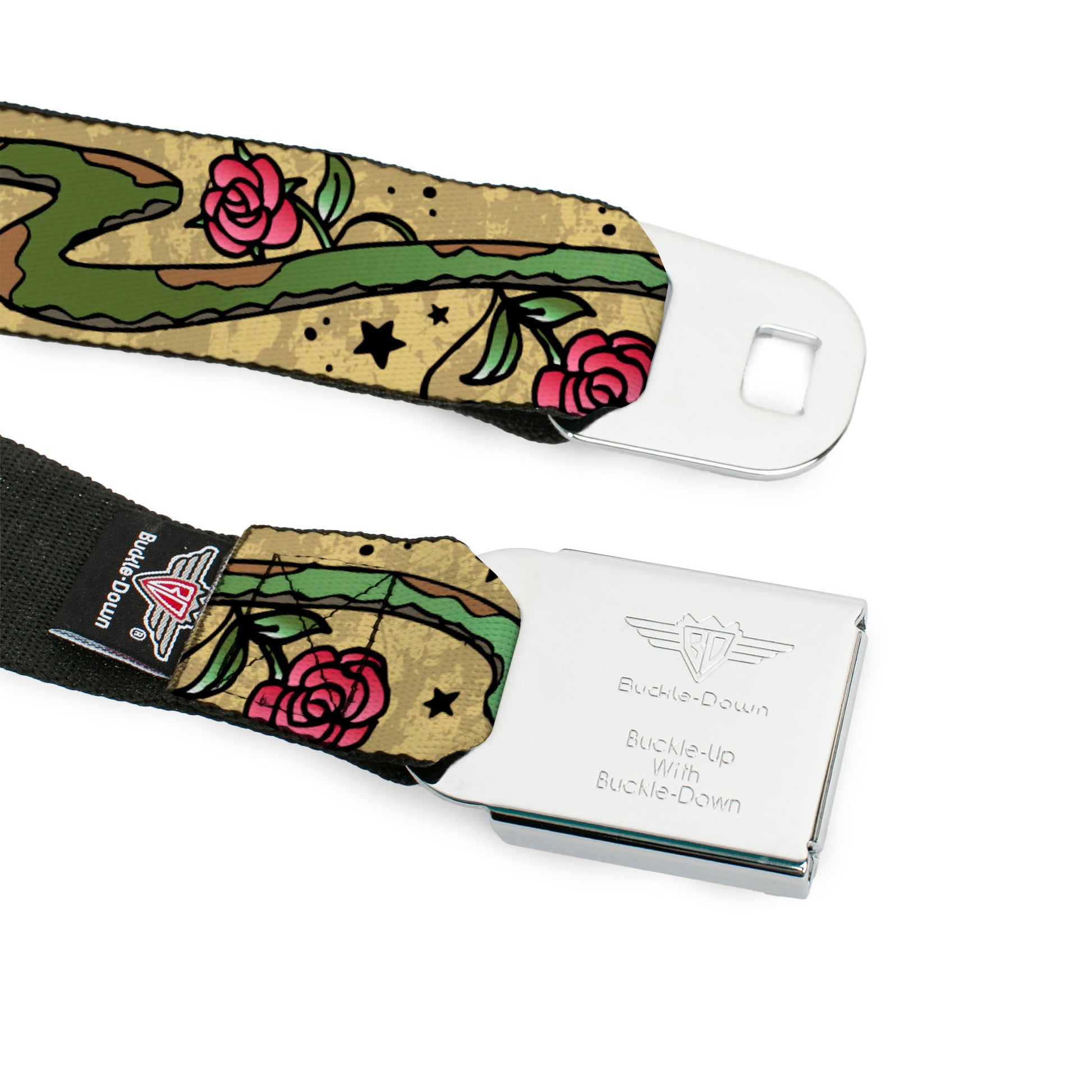 BD Wings Logo CLOSE-UP Full Color Black Silver Seatbelt Belt - Live Hard Die Young Tan Webbing Seatbelt Belts Buckle-Down