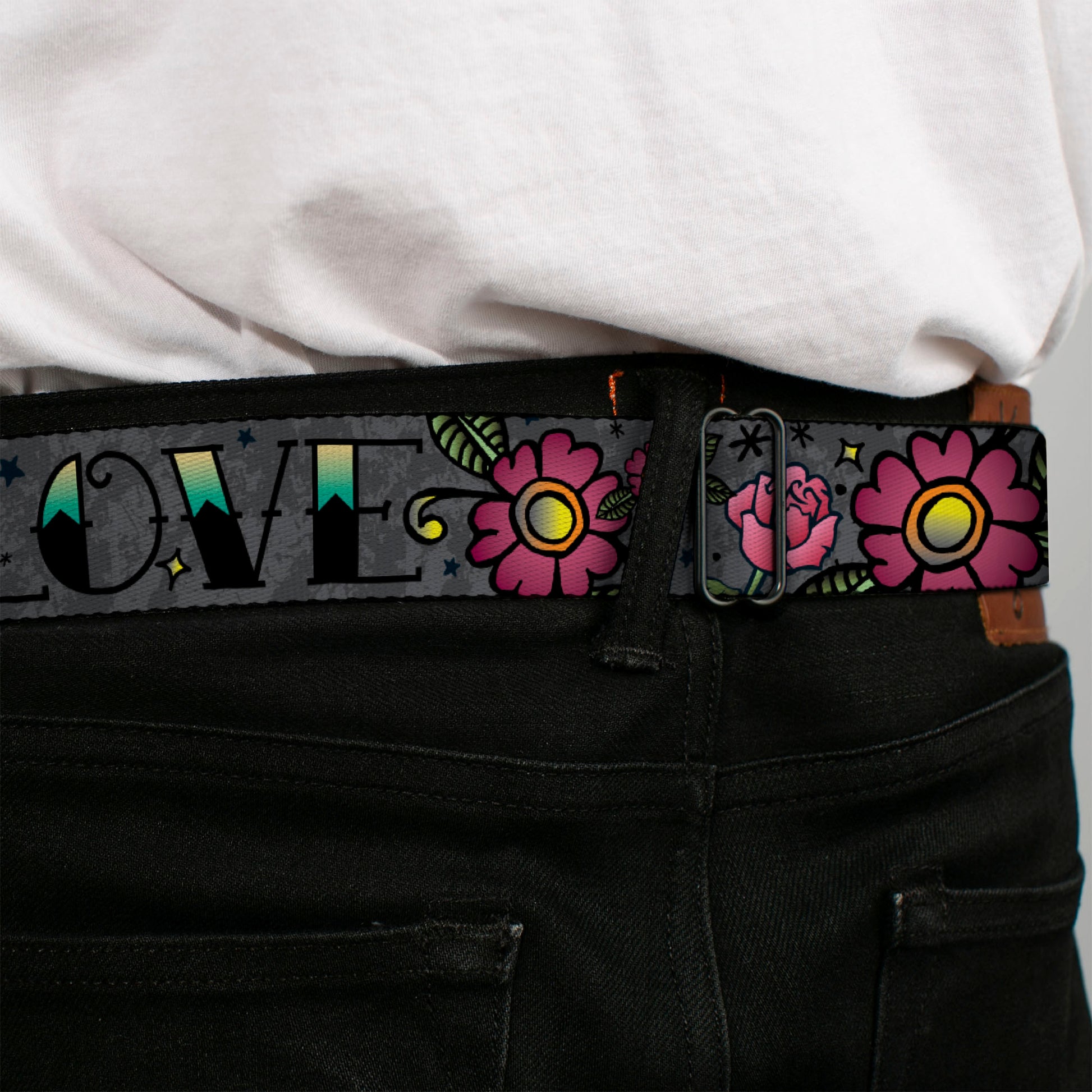 BD Wings Logo CLOSE-UP Full Color Black Silver Seatbelt Belt - Love Kills Gray Webbing Seatbelt Belts Buckle-Down