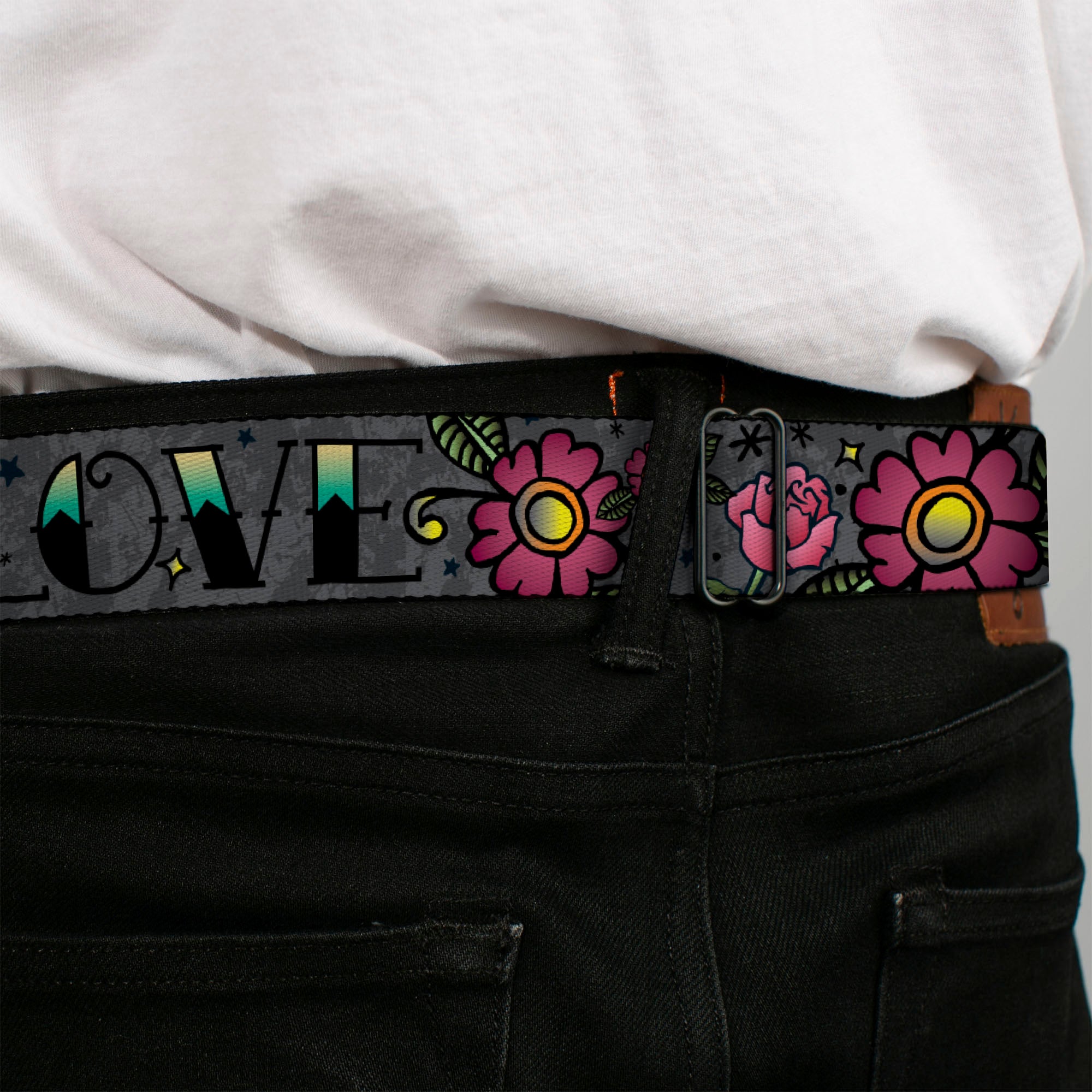 BD Wings Logo CLOSE-UP Full Color Black Silver Seatbelt Belt - Love Kills Gray Webbing Seatbelt Belts Buckle-Down