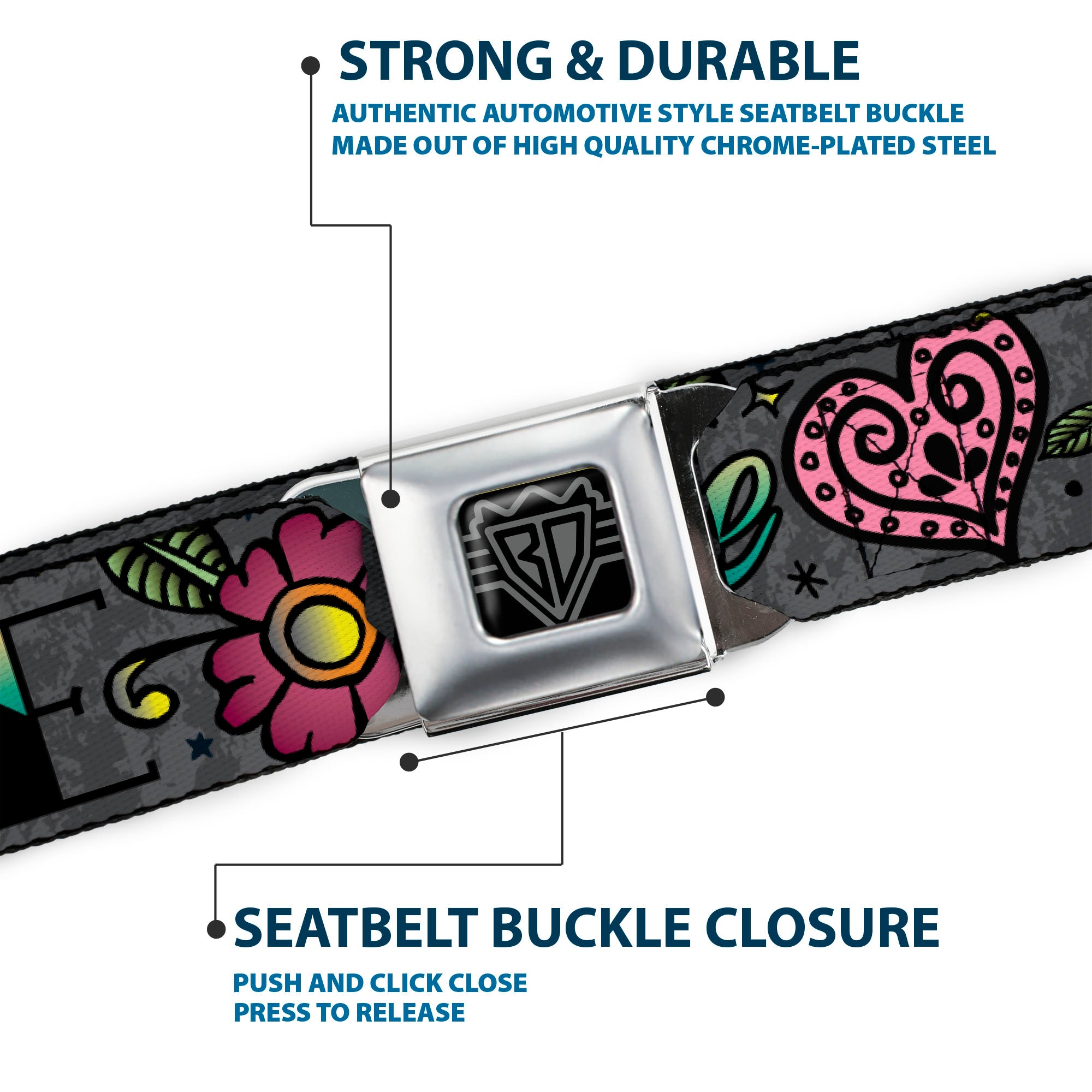 BD Wings Logo CLOSE-UP Full Color Black Silver Seatbelt Belt - Love Kills Gray Webbing Seatbelt Belts Buckle-Down