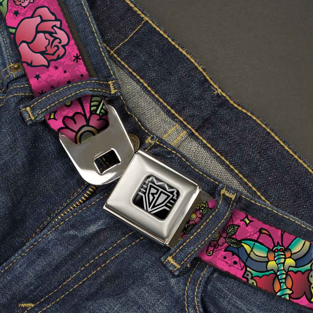 BD Wings Logo CLOSE-UP Full Color Black Silver Seatbelt Belt - Love Kills Pink Webbing Seatbelt Belts Buckle-Down