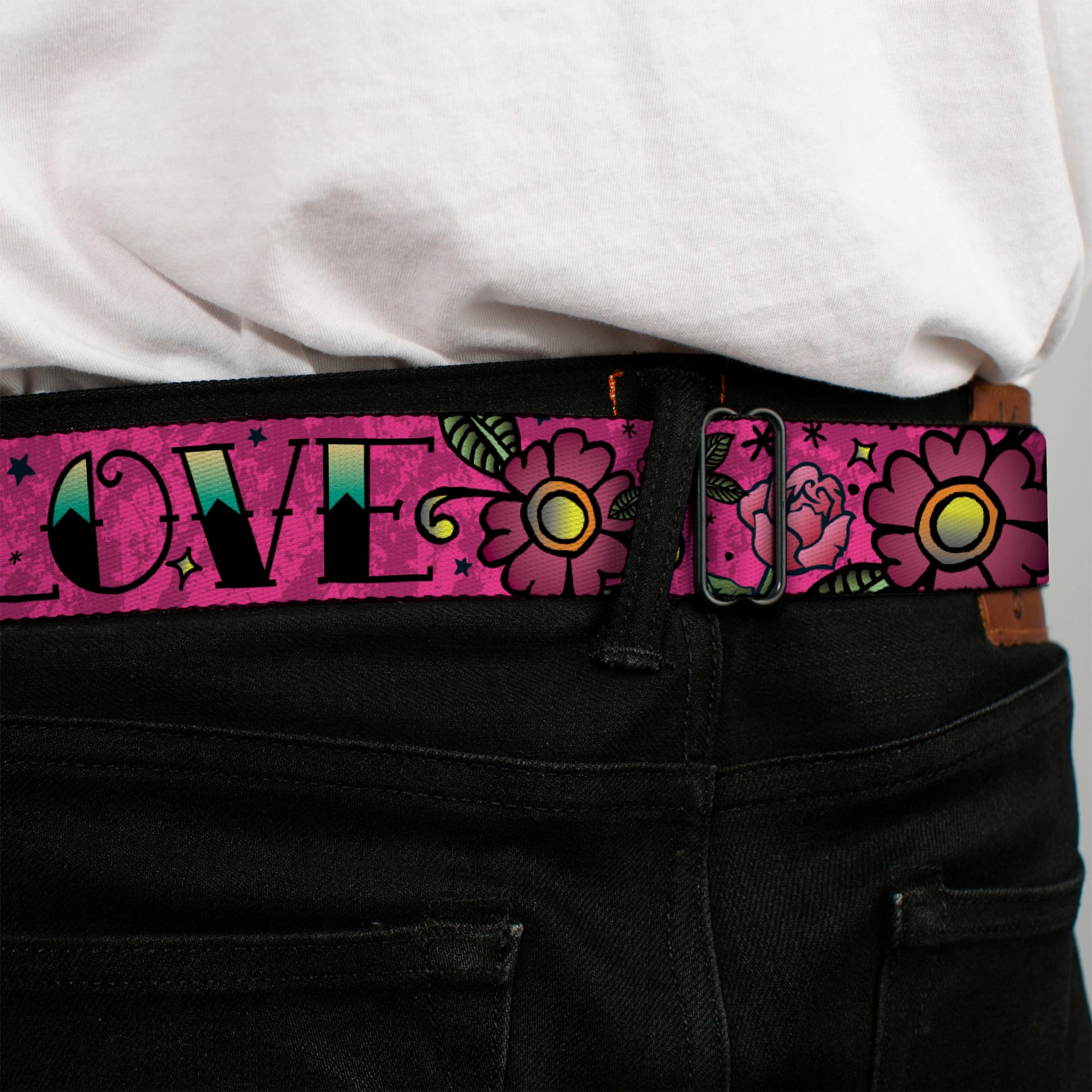 BD Wings Logo CLOSE-UP Full Color Black Silver Seatbelt Belt - Love Kills Pink Webbing Seatbelt Belts Buckle-Down