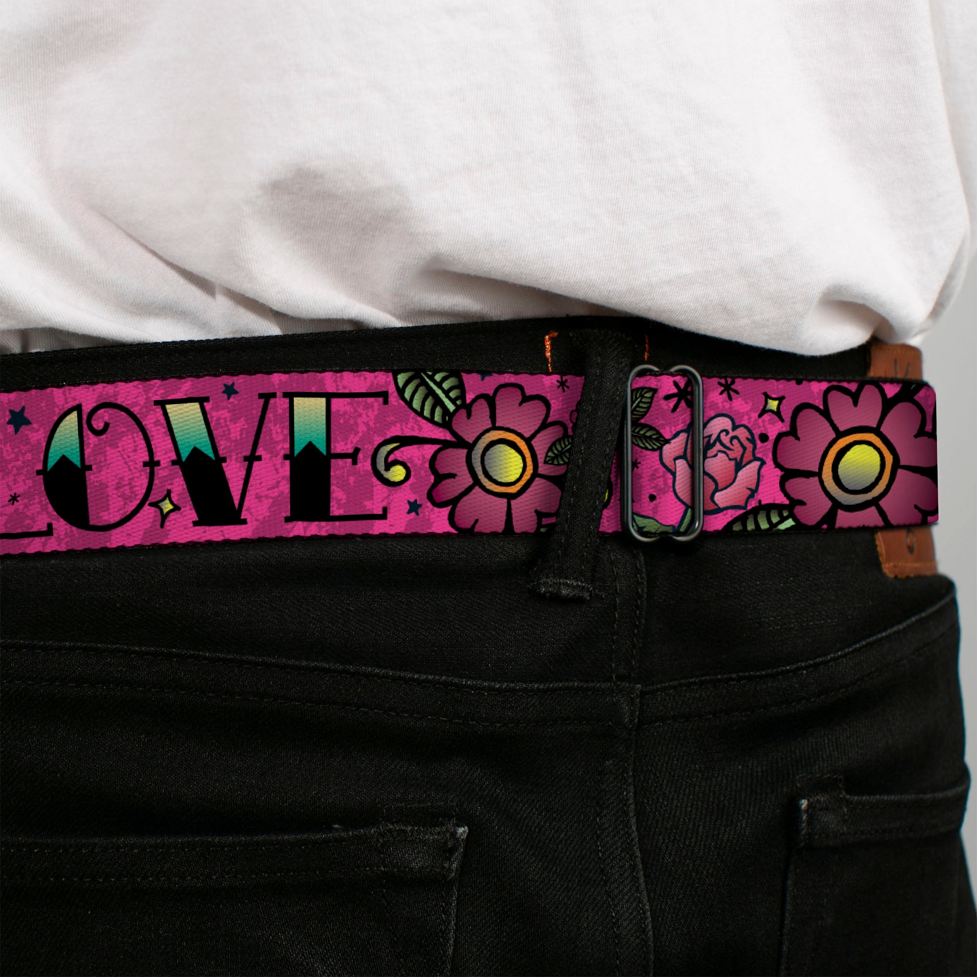 BD Wings Logo CLOSE-UP Full Color Black Silver Seatbelt Belt - Love Kills Pink Webbing Seatbelt Belts Buckle-Down