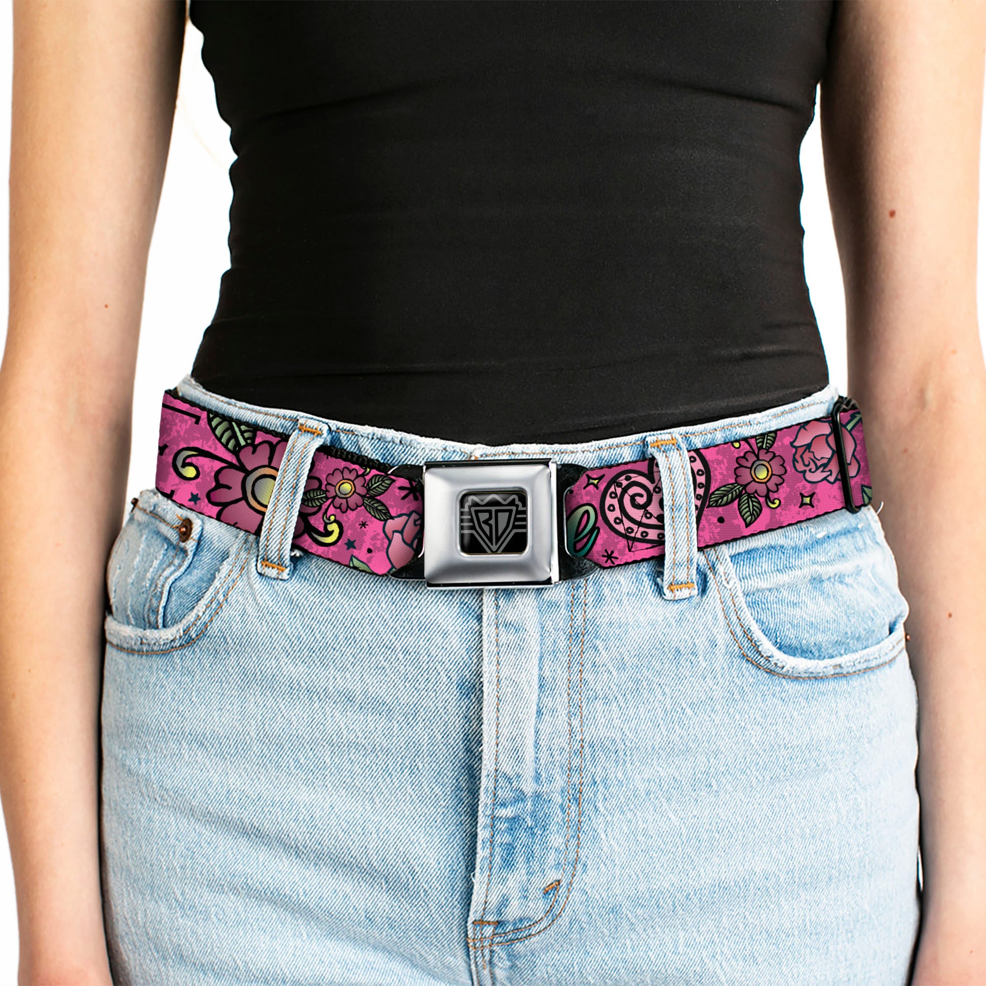 BD Wings Logo CLOSE-UP Full Color Black Silver Seatbelt Belt - Love Kills Pink Webbing Seatbelt Belts Buckle-Down