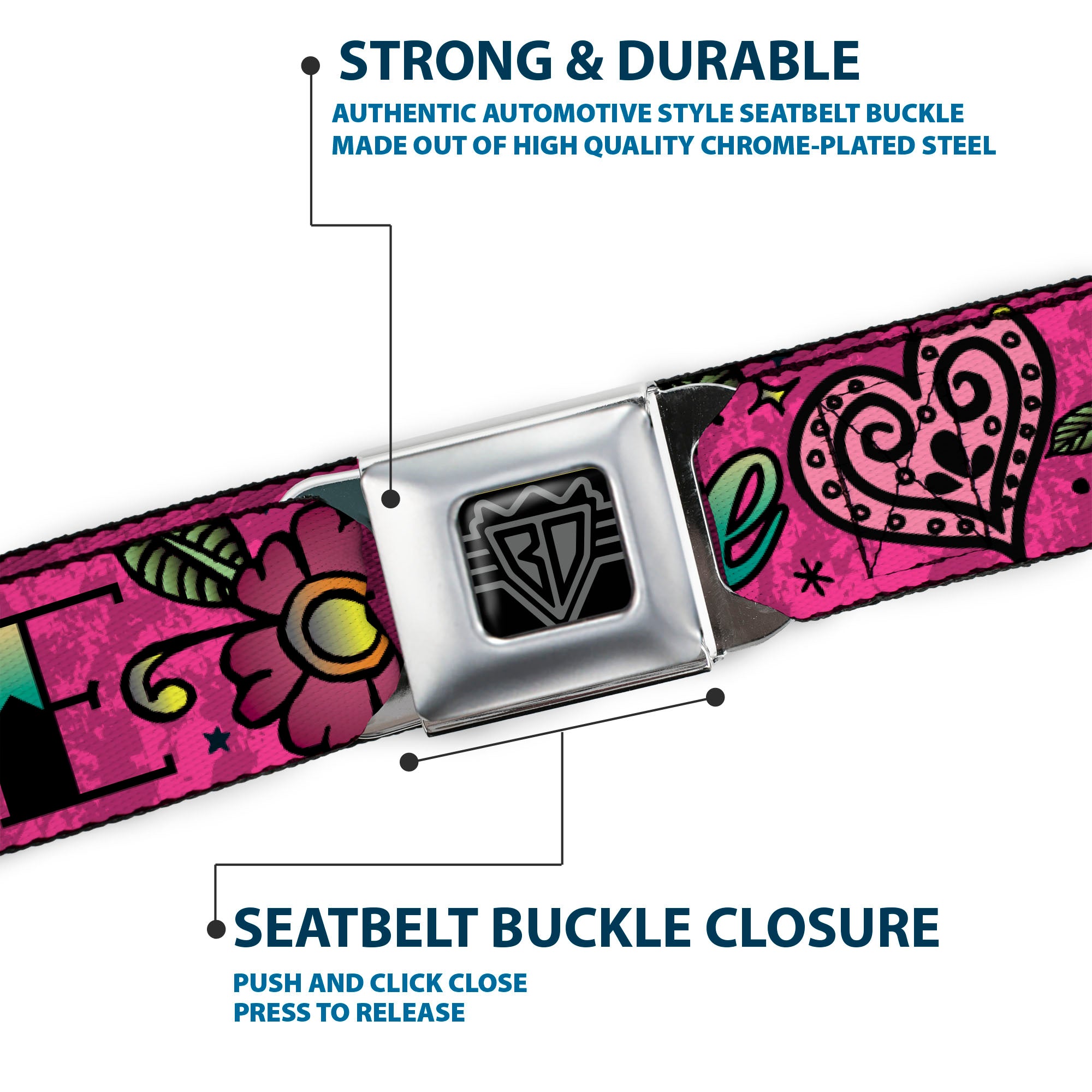 BD Wings Logo CLOSE-UP Full Color Black Silver Seatbelt Belt - Love Kills Pink Webbing Seatbelt Belts Buckle-Down