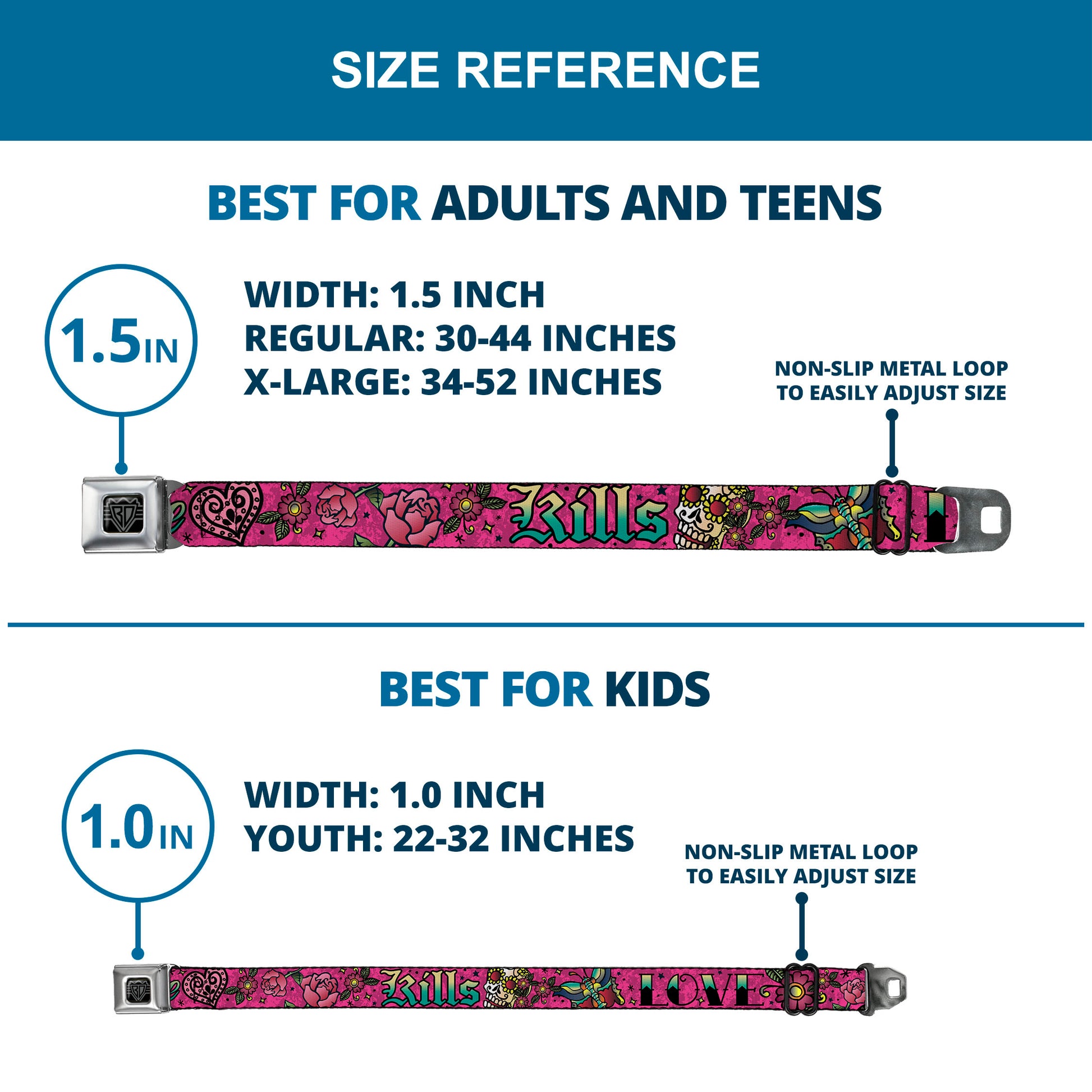 BD Wings Logo CLOSE-UP Full Color Black Silver Seatbelt Belt - Love Kills Pink Webbing Seatbelt Belts Buckle-Down