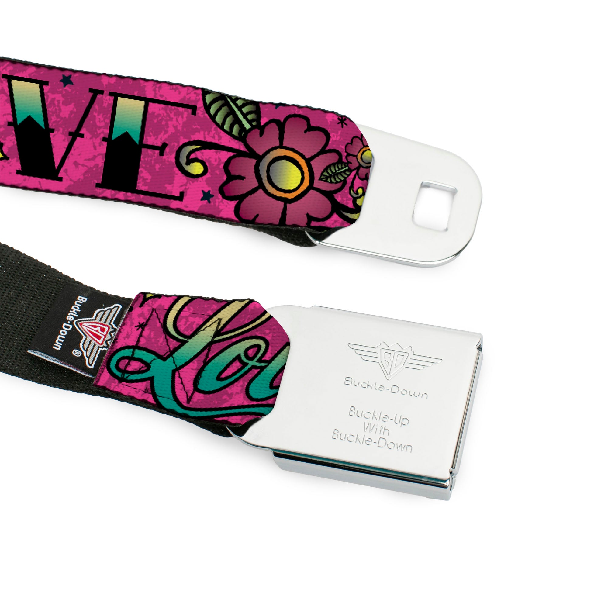 BD Wings Logo CLOSE-UP Full Color Black Silver Seatbelt Belt - Love Kills Pink Webbing Seatbelt Belts Buckle-Down
