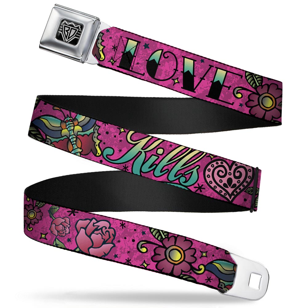 BD Wings Logo CLOSE-UP Full Color Black Silver Seatbelt Belt - Love Kills Pink Webbing Seatbelt Belts Buckle-Down