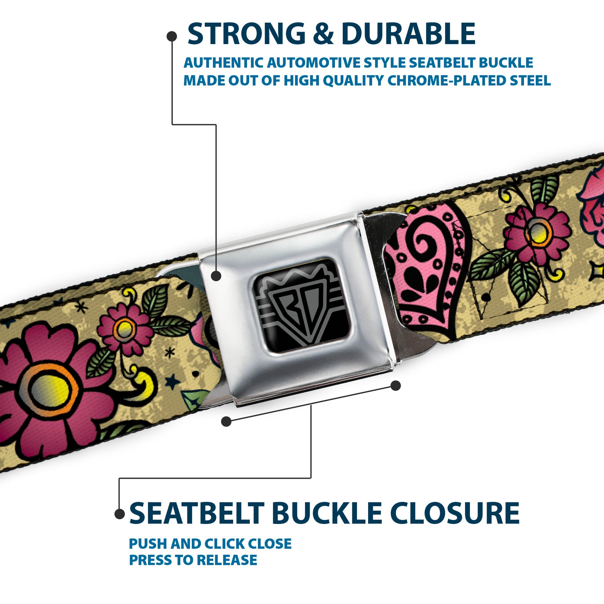 BD Wings Logo CLOSE-UP Full Color Black Silver Seatbelt Belt - Love Kills Tan Webbing Seatbelt Belts Buckle-Down