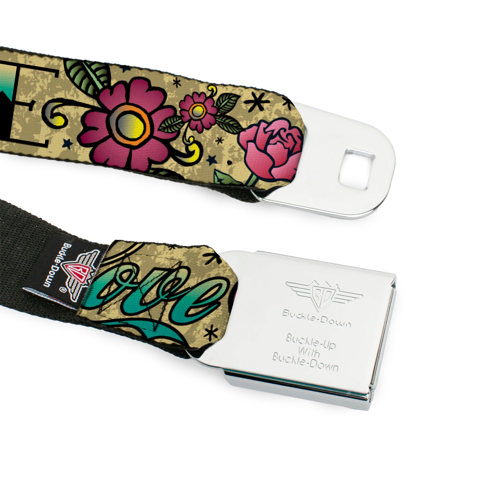 BD Wings Logo CLOSE-UP Full Color Black Silver Seatbelt Belt - Love Kills Tan Webbing Seatbelt Belts Buckle-Down