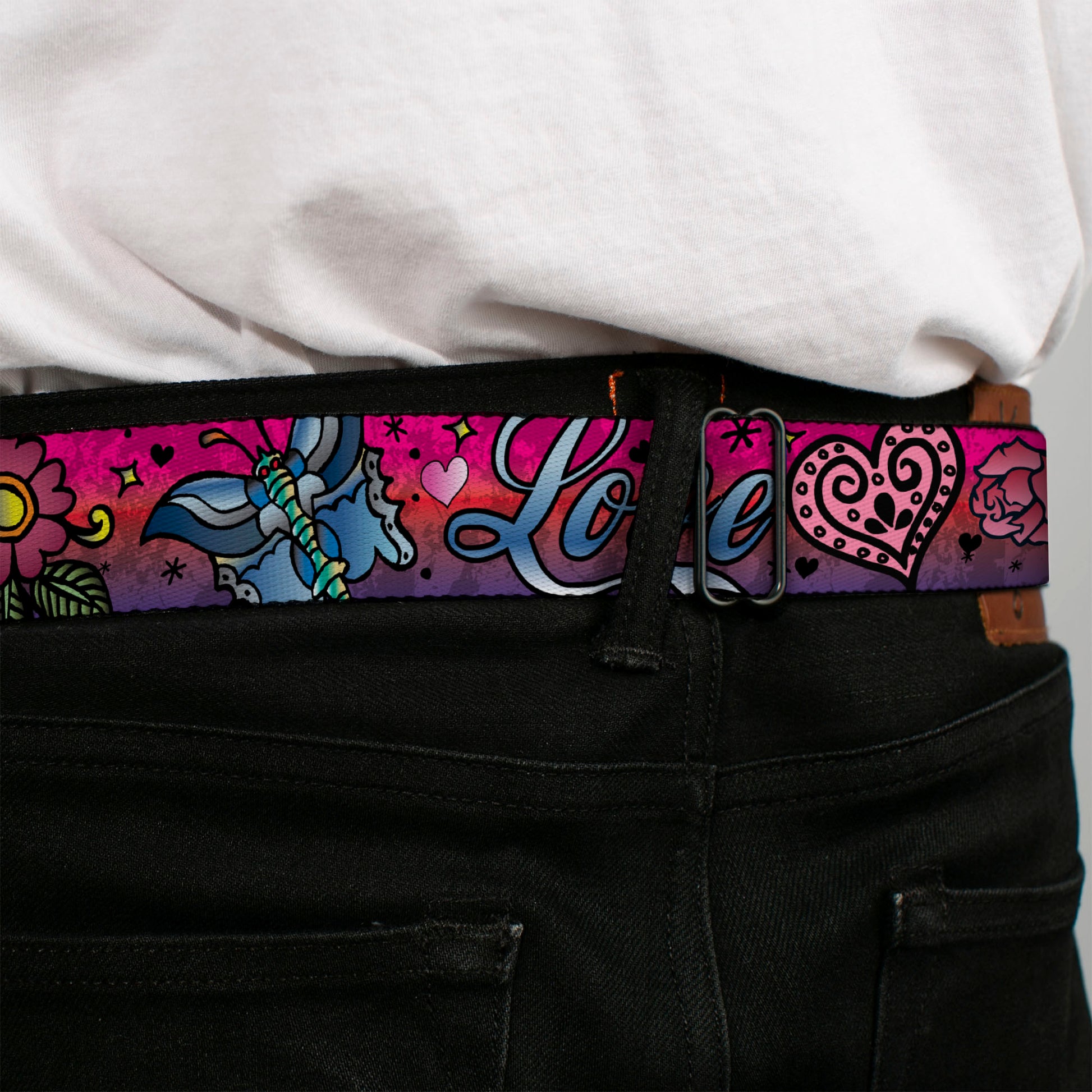 BD Wings Logo CLOSE-UP Full Color Black Silver Seatbelt Belt - Love Love Pink Webbing Seatbelt Belts Buckle-Down