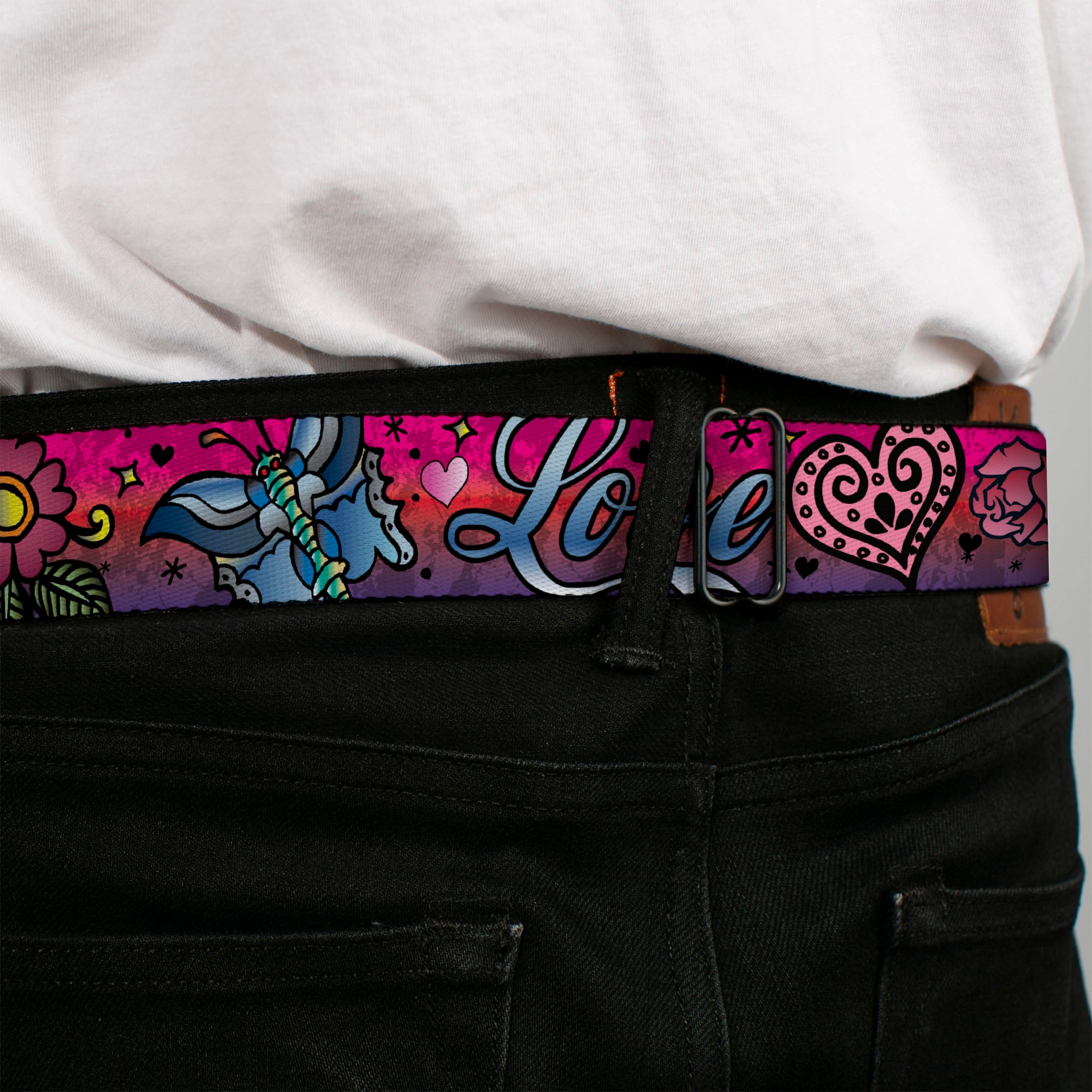 BD Wings Logo CLOSE-UP Full Color Black Silver Seatbelt Belt - Love Love Pink Webbing Seatbelt Belts Buckle-Down
