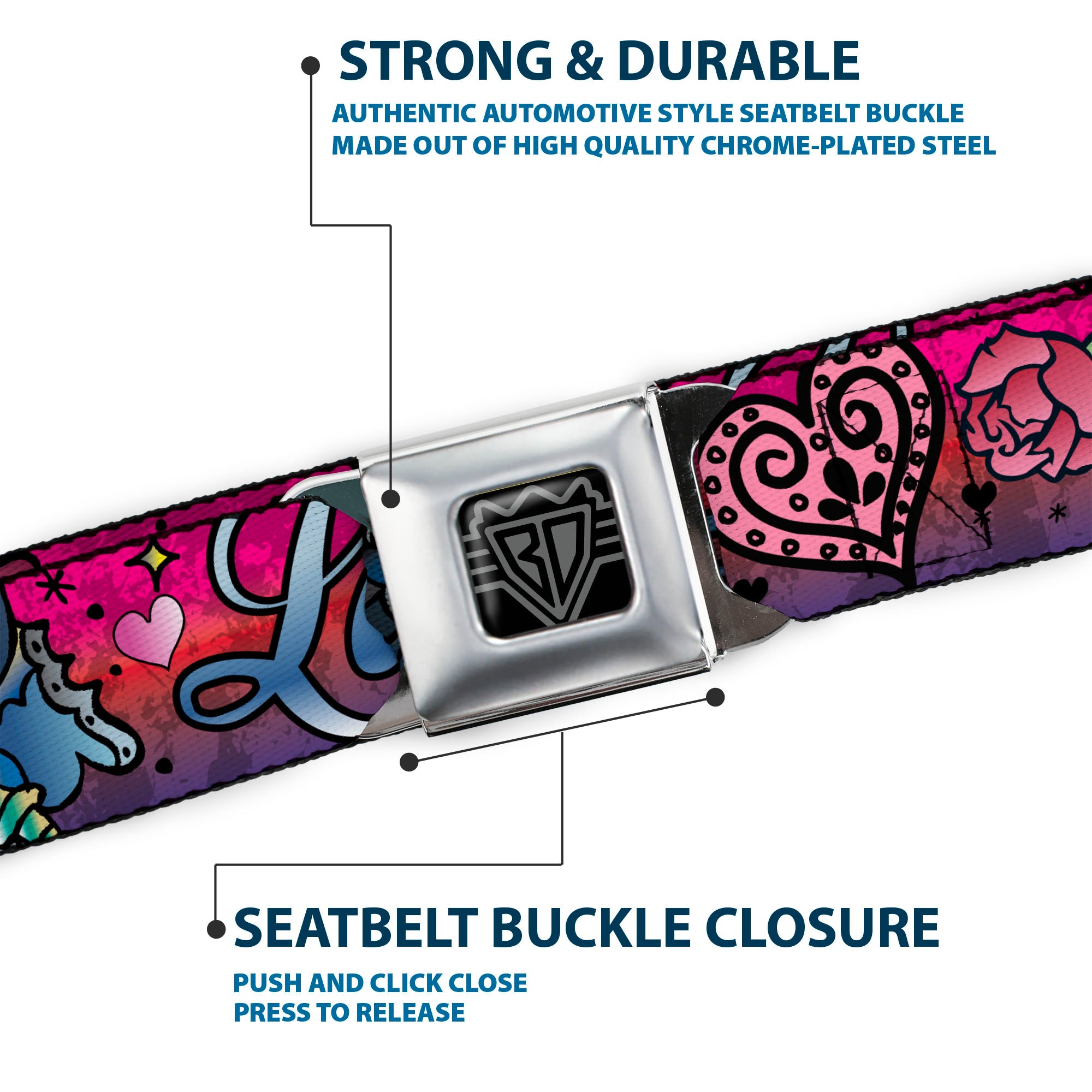 BD Wings Logo CLOSE-UP Full Color Black Silver Seatbelt Belt - Love Love Pink Webbing Seatbelt Belts Buckle-Down