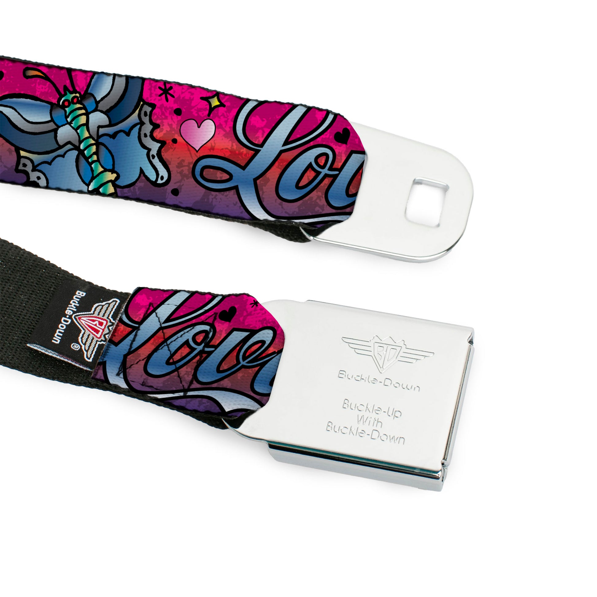 BD Wings Logo CLOSE-UP Full Color Black Silver Seatbelt Belt - Love Love Pink Webbing Seatbelt Belts Buckle-Down