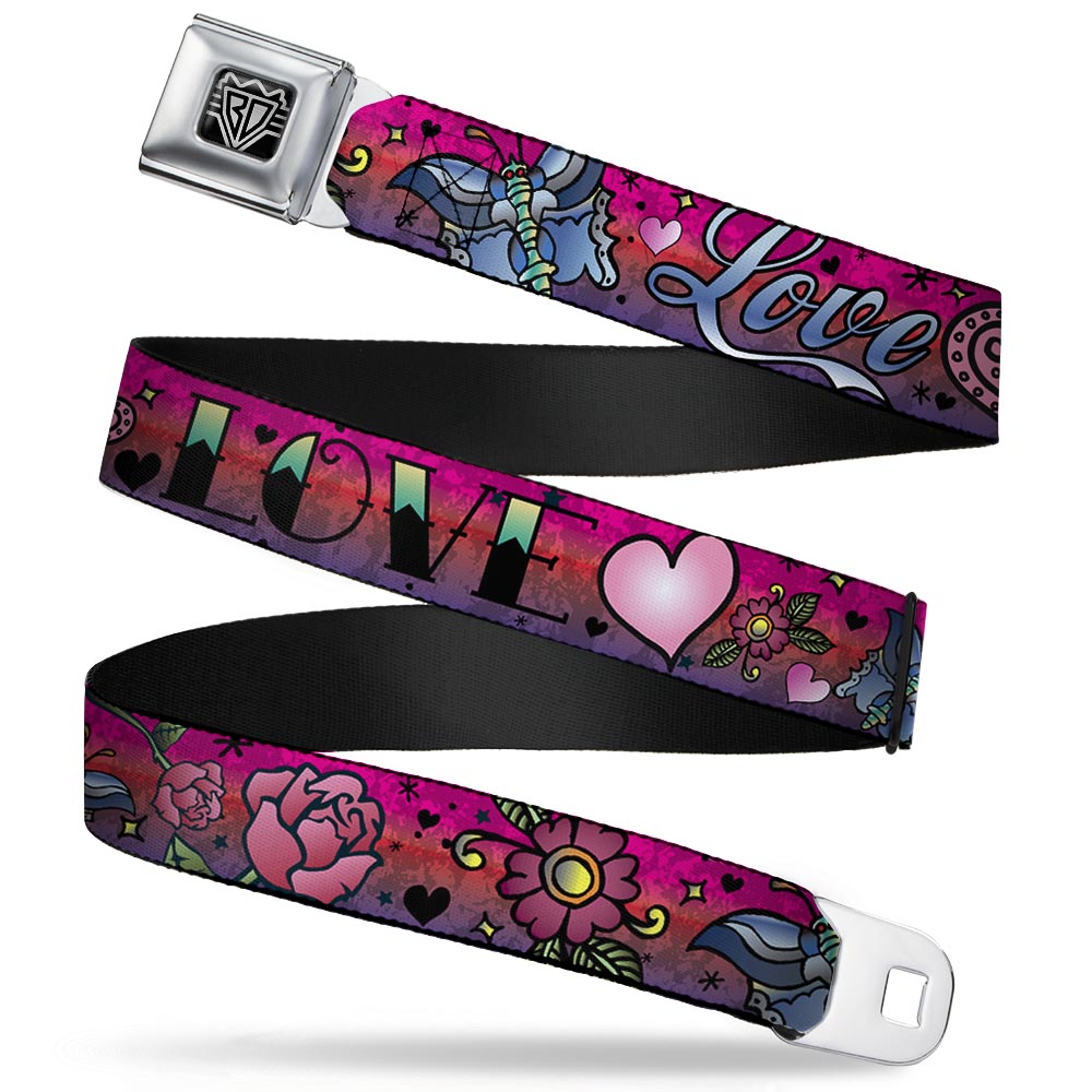 BD Wings Logo CLOSE-UP Full Color Black Silver Seatbelt Belt - Love Love Pink Webbing Seatbelt Belts Buckle-Down