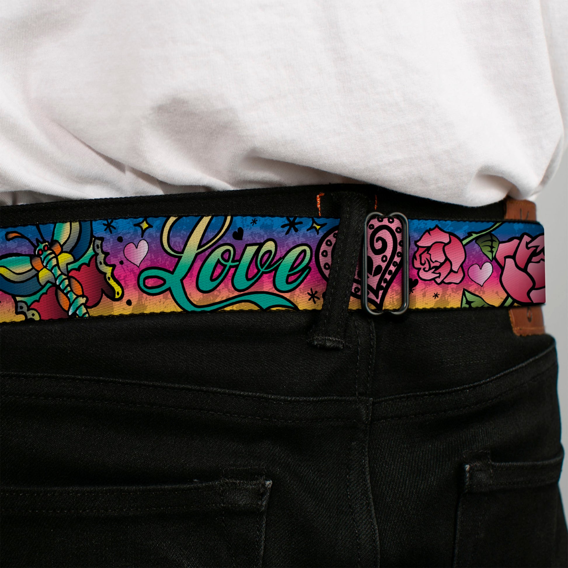 BD Wings Logo CLOSE-UP Full Color Black Silver Seatbelt Belt - Love Love Purple Webbing Seatbelt Belts Buckle-Down