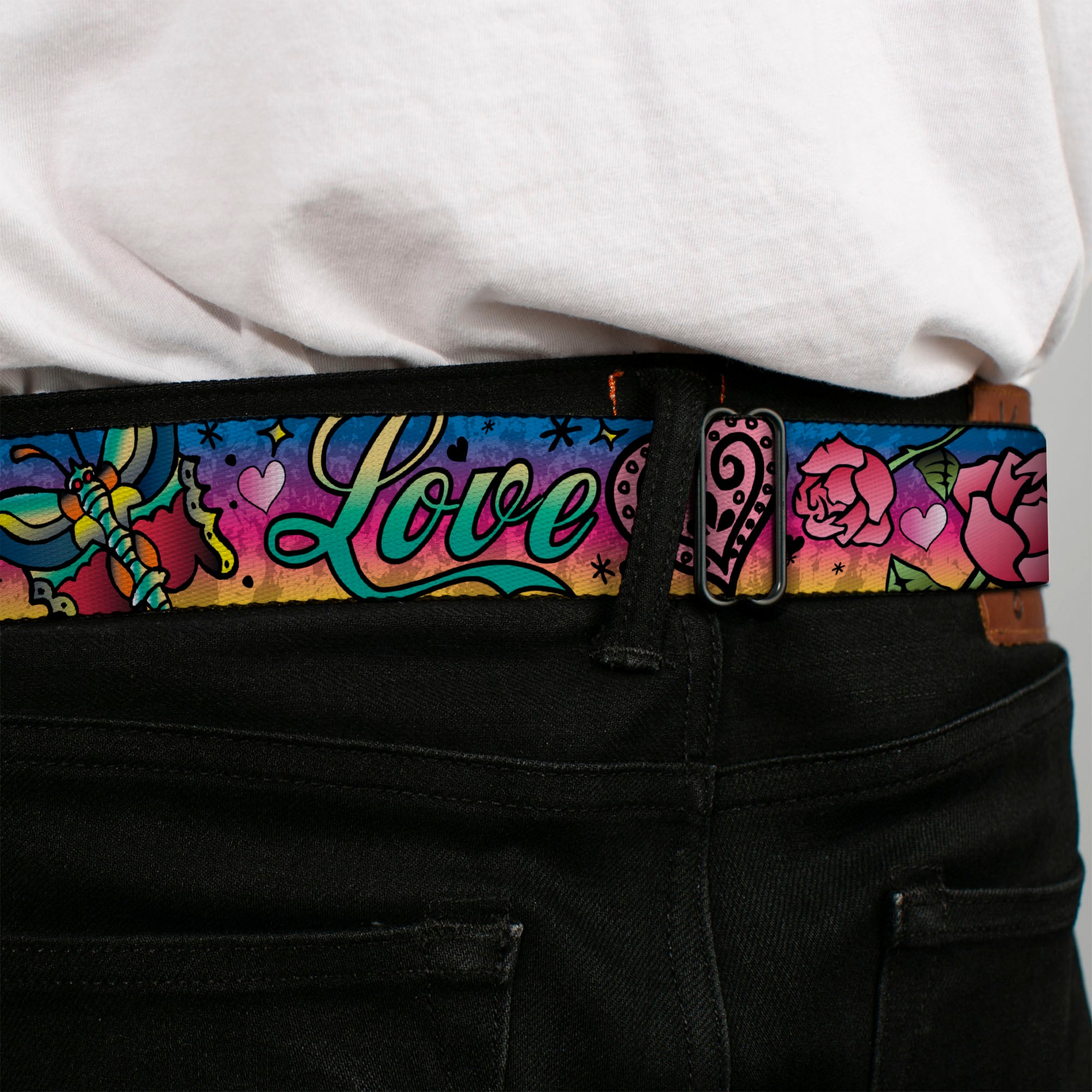 BD Wings Logo CLOSE-UP Full Color Black Silver Seatbelt Belt - Love Love Purple Webbing Seatbelt Belts Buckle-Down