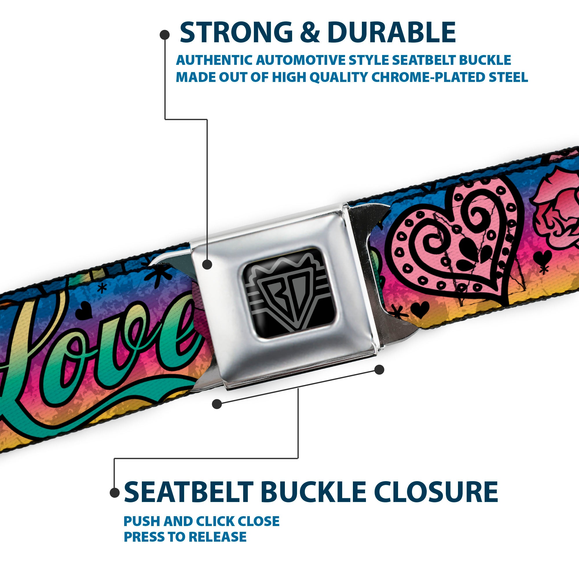 BD Wings Logo CLOSE-UP Full Color Black Silver Seatbelt Belt - Love Love Purple Webbing Seatbelt Belts Buckle-Down