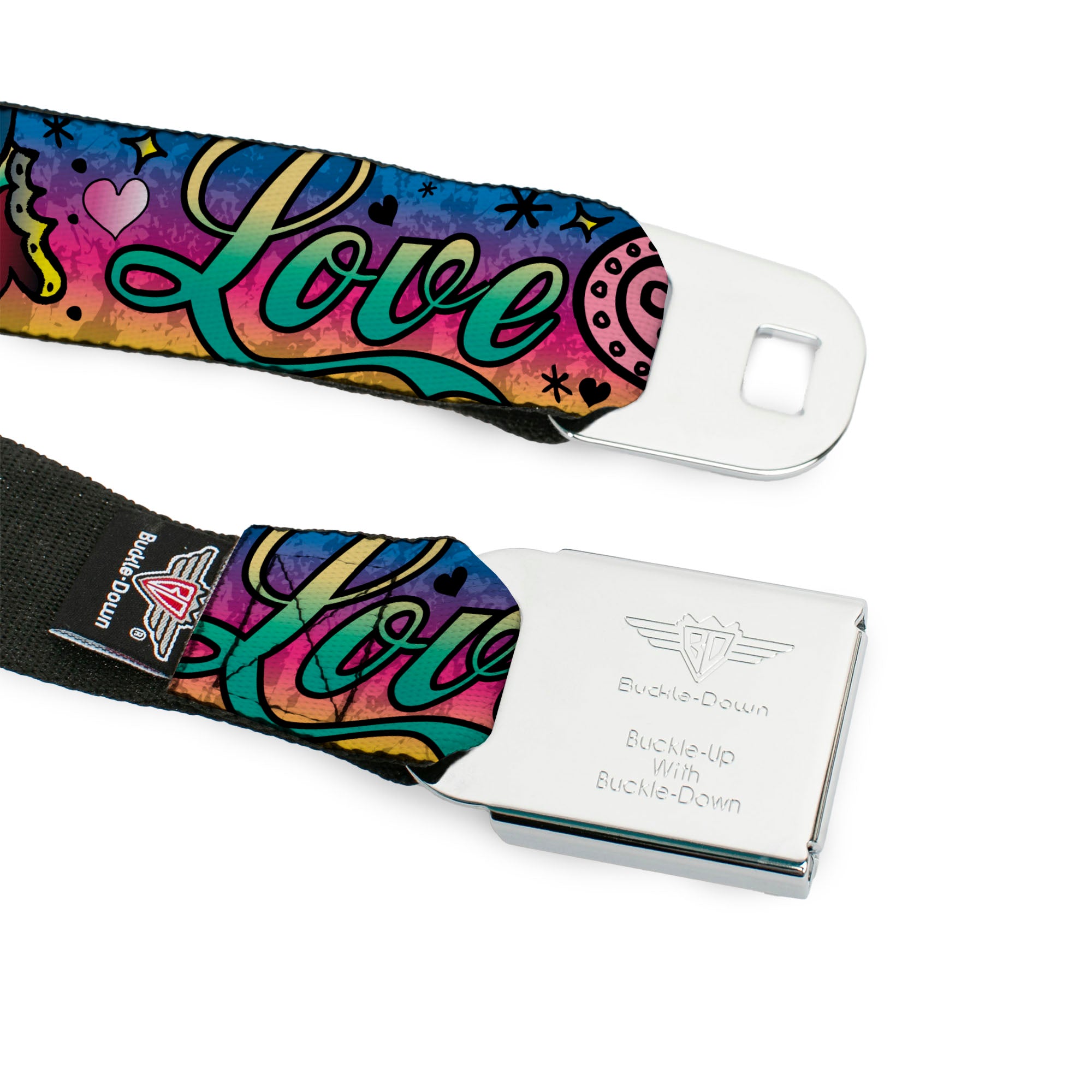 BD Wings Logo CLOSE-UP Full Color Black Silver Seatbelt Belt - Love Love Purple Webbing Seatbelt Belts Buckle-Down